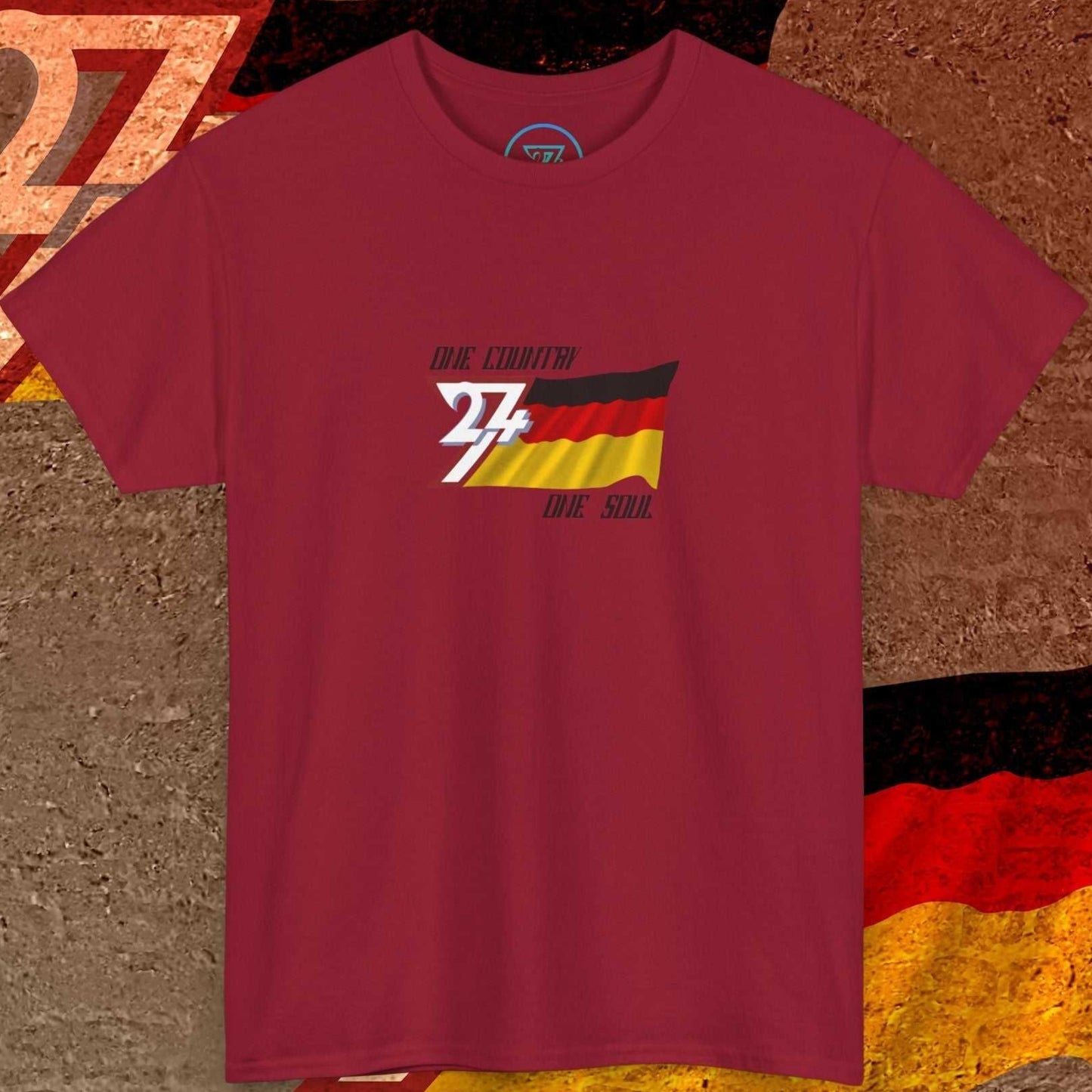 Main product shot of the Crimson Germany "Legacy" tee showcasing the artistic flag textures and "One Country One Soul" motto.