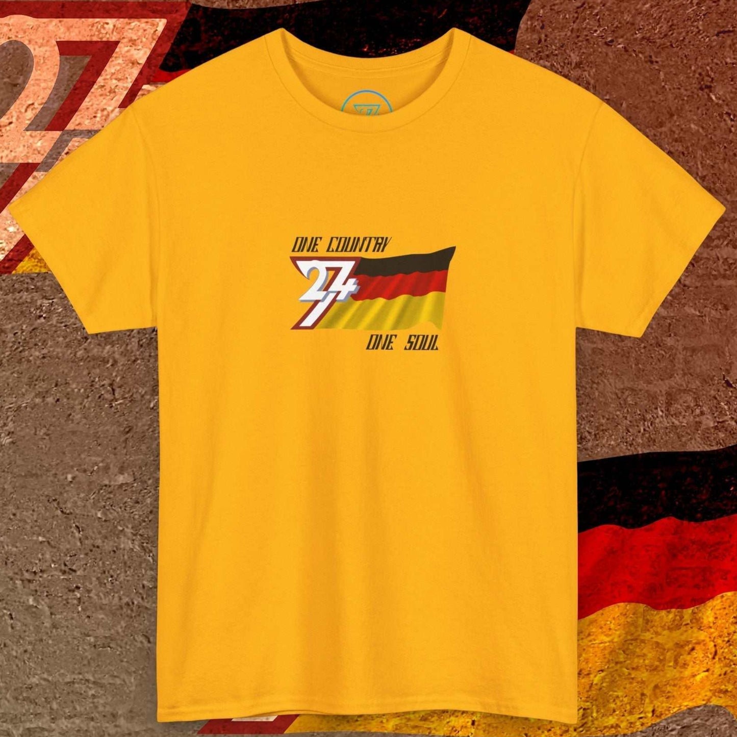 Artistic front shot of the Gold Germany flag tee highlighting the hand-drawn lines and national slogan.