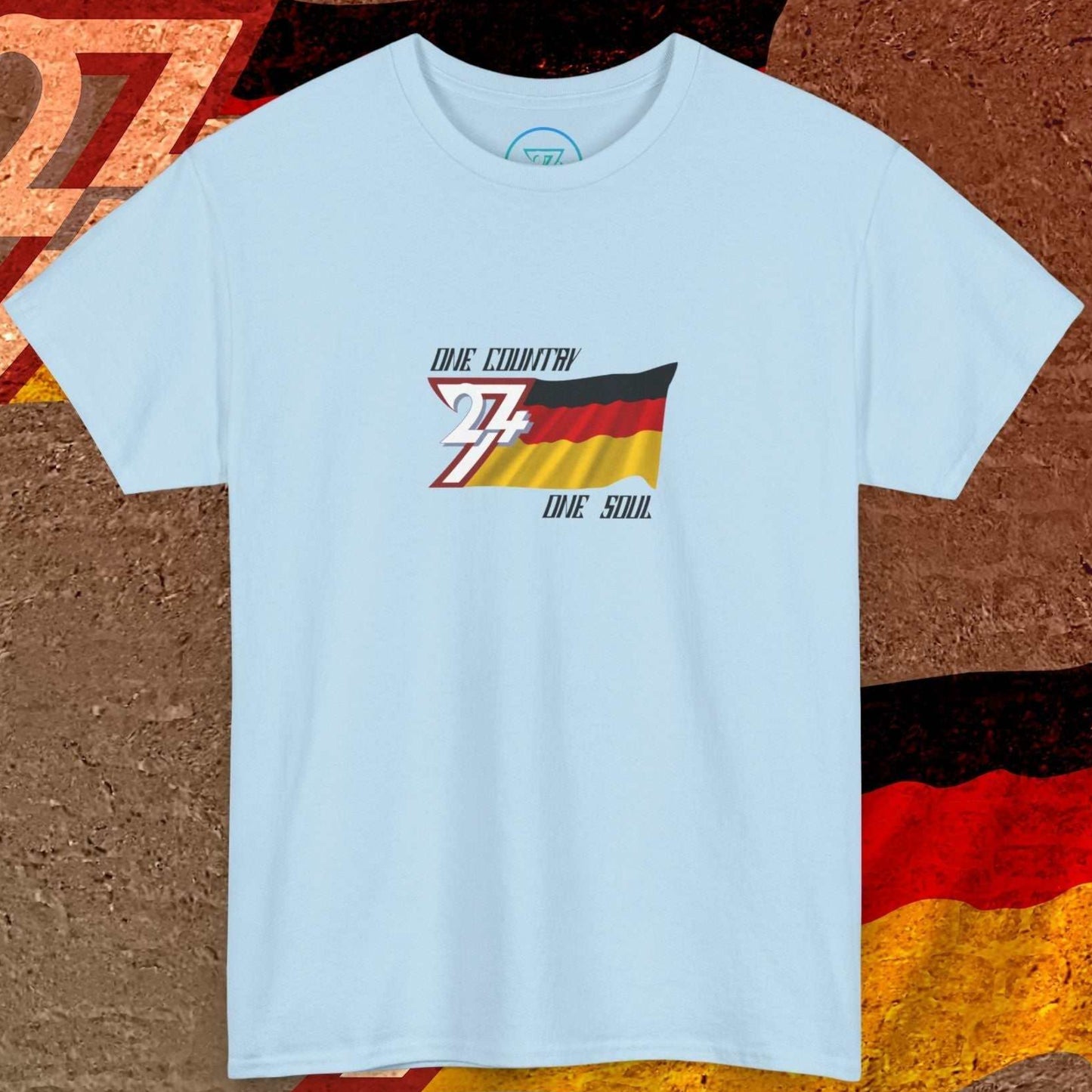 Complete front-on display of the Light Blue Germany heritage t-shirt with the hand-sketched tricolor and slogan.
