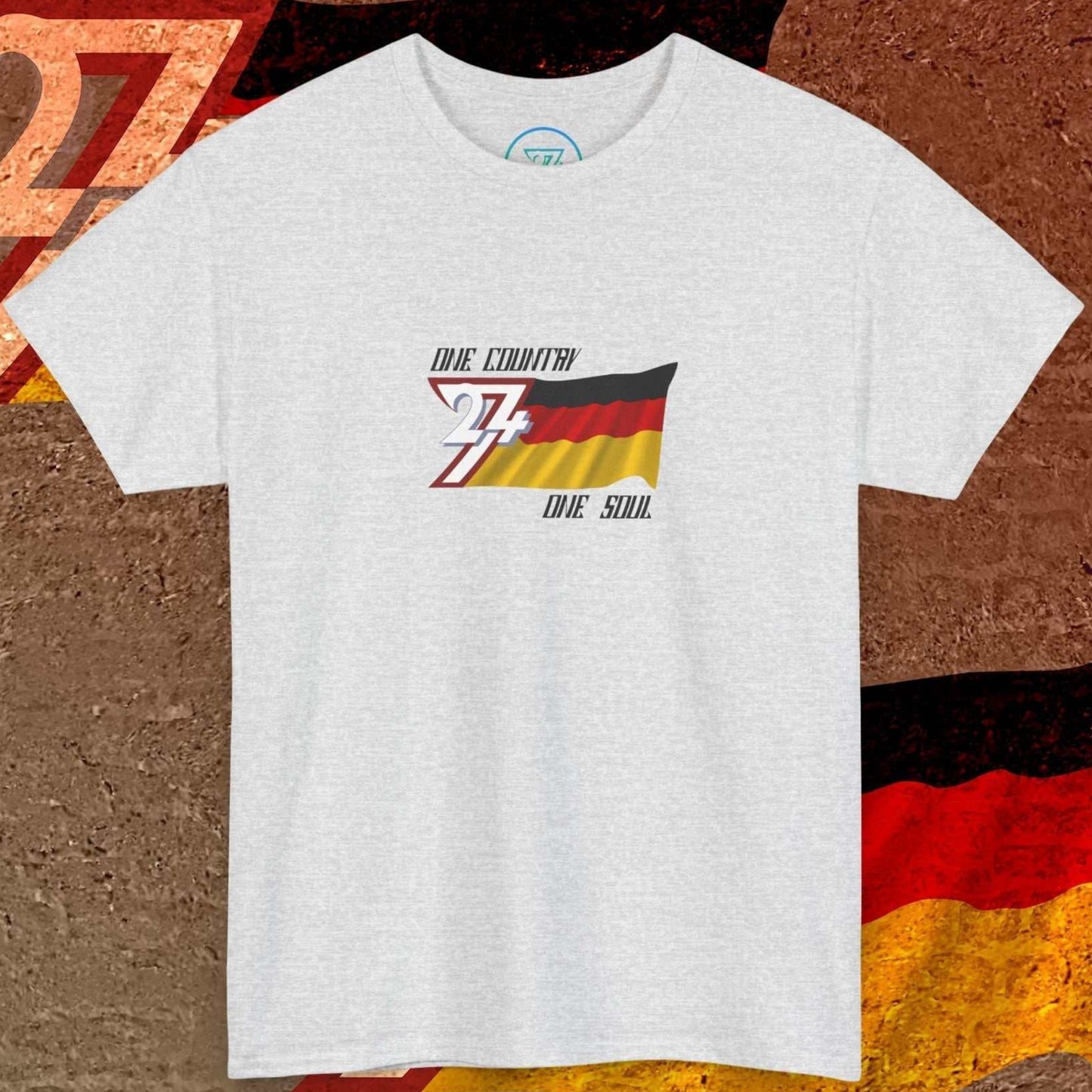 Artistic front shot of the Light Heather Gray Germany flag tee highlighting the hand-drawn lines and national slogan.