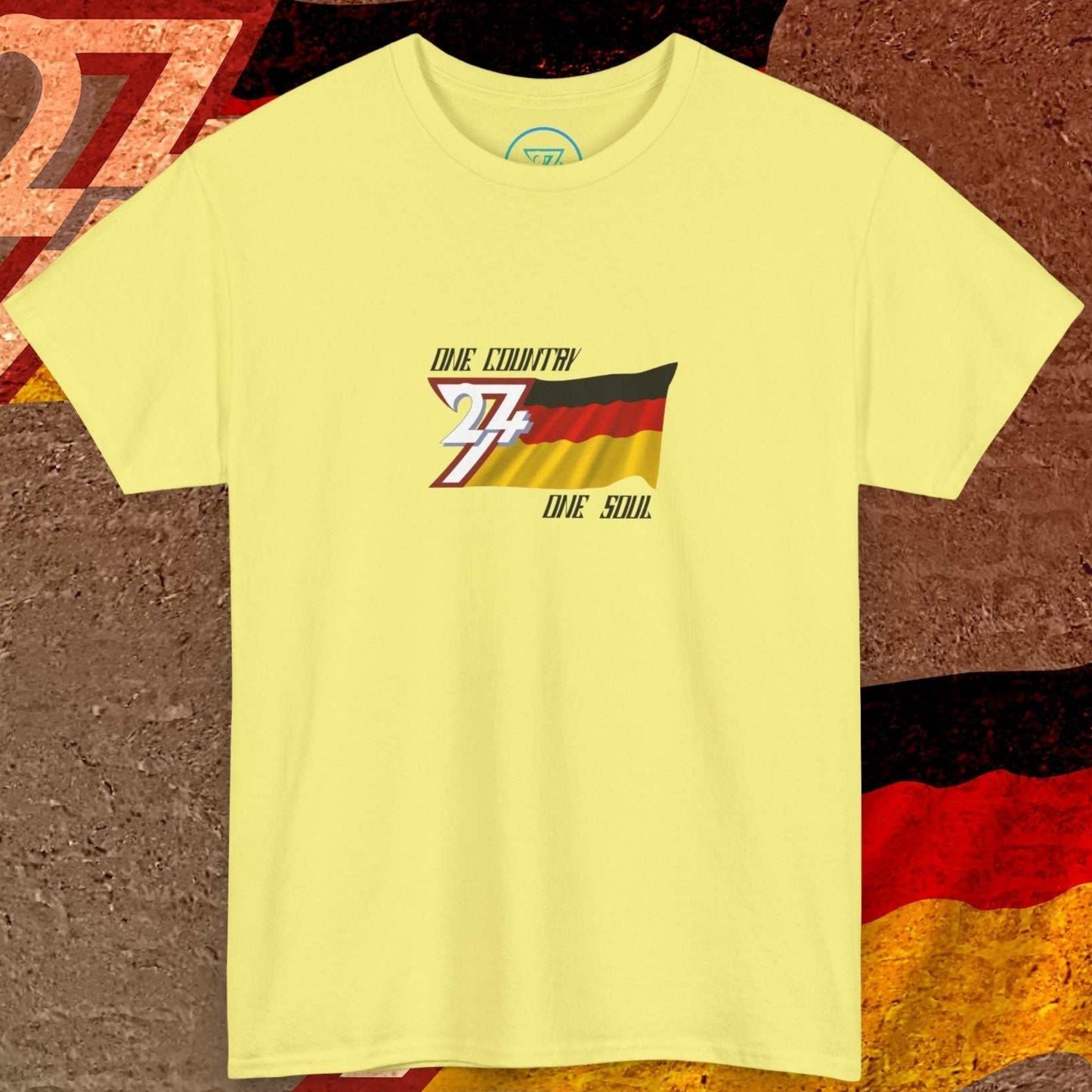 A full-view Light Yellow Germany pride t-shirt featuring our exclusive "One Country One Soul" artist-original print.