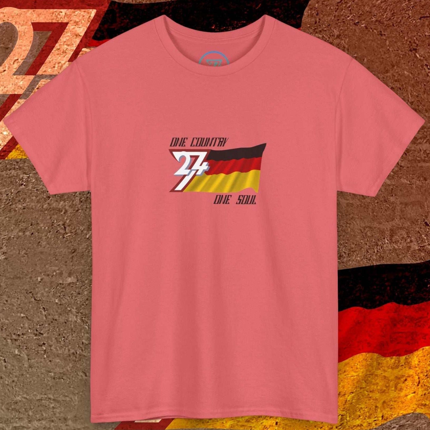Complete front-on display of the Soft Coral Germany heritage t-shirt with the hand-sketched tricolor and slogan.