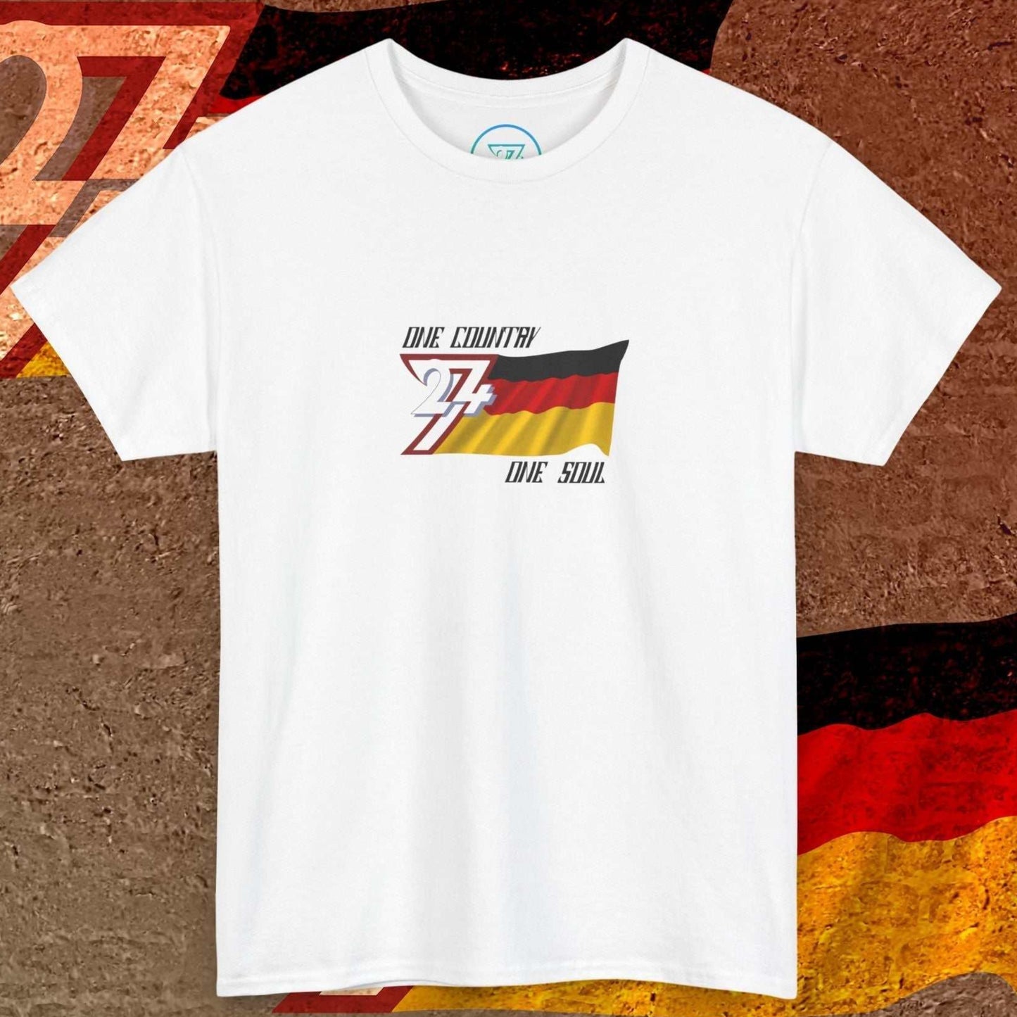 A full-view White Germany pride t-shirt featuring our exclusive "One Country One Soul" artist-original print.