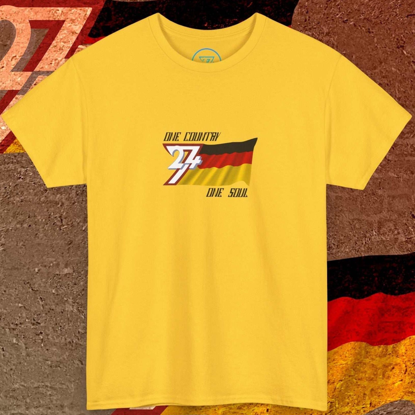Main product shot of the Yellow Germany "Legacy" tee showcasing the artistic flag textures and "One Country One Soul" motto.