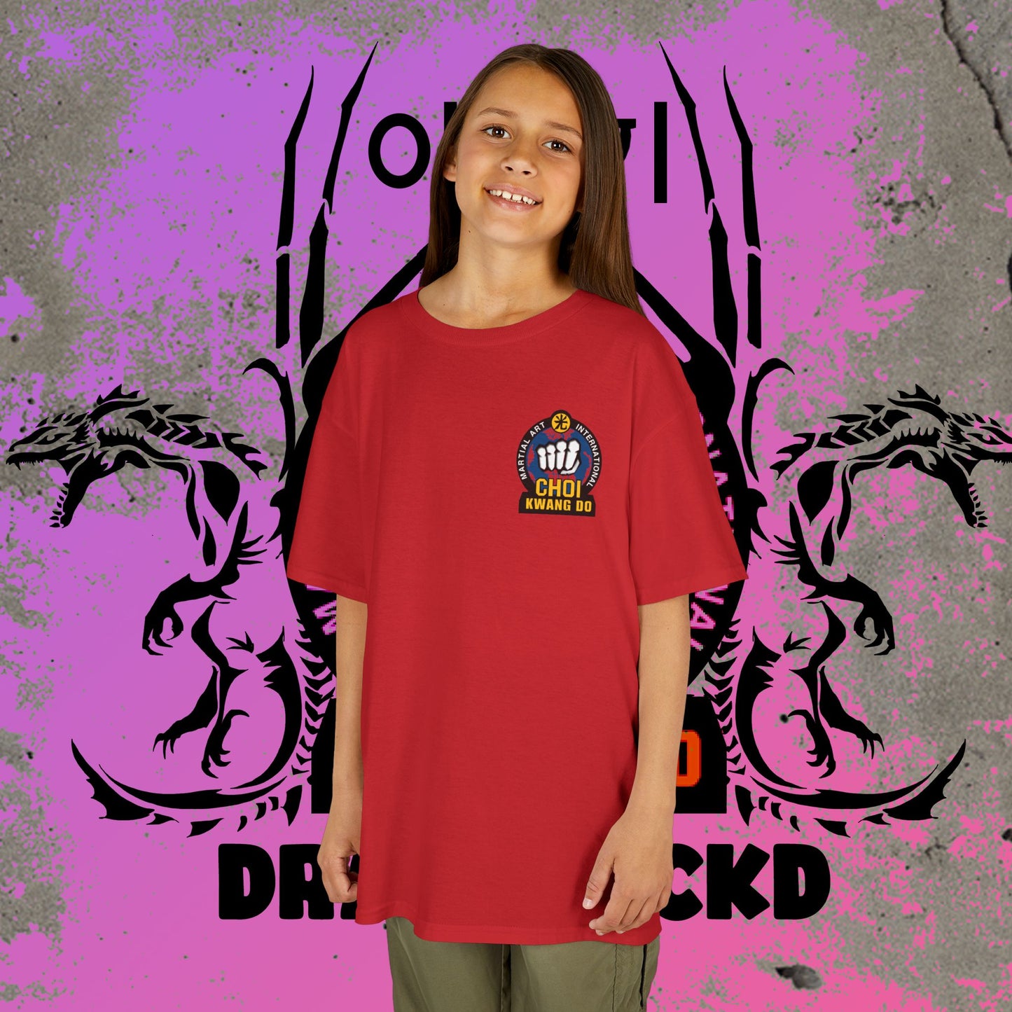 Girl wearing the Red Choi Kwang Do kids tee