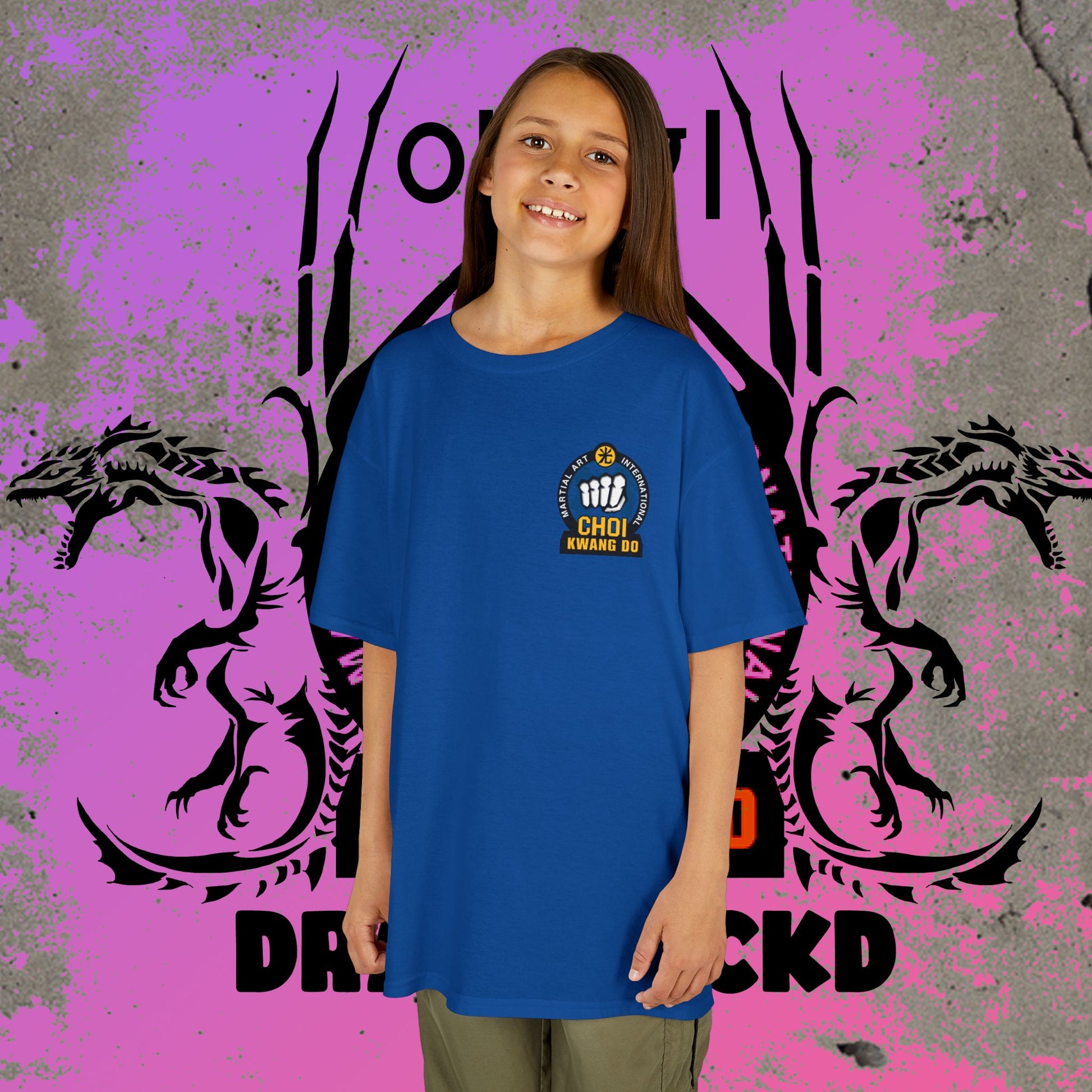 Girl wearing the Blue Choi-Kwang Do martial arts -t-shirt