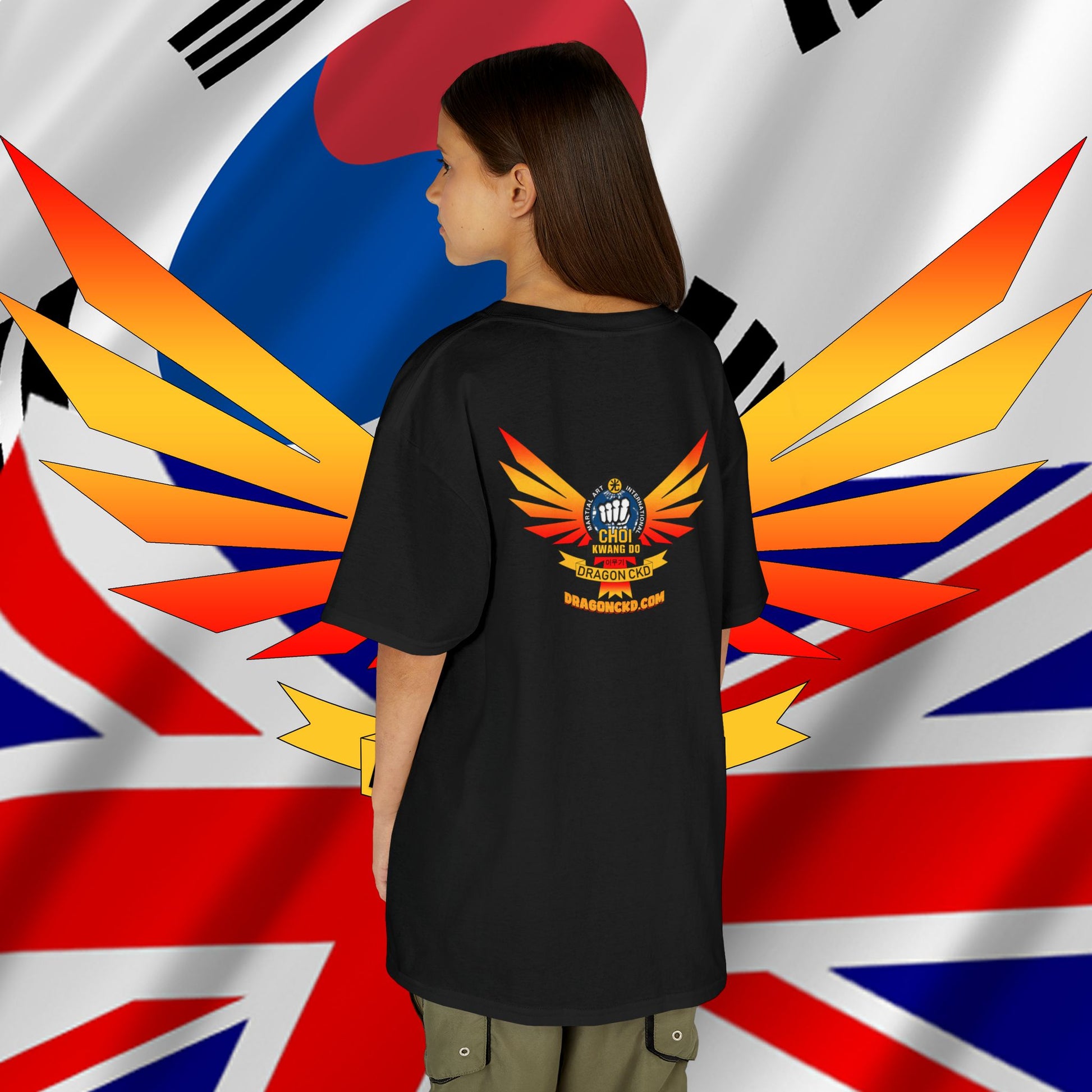 Back view of a girl wearing the Black Choi-Kwang Do martial arts tee