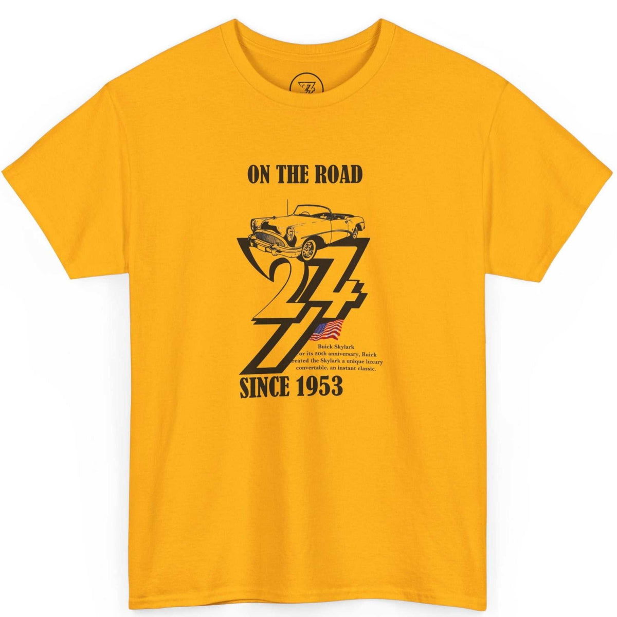 Front view of a rich gold 1953 birthday gift for men tee showcasing the black hand-drawn classic car illustration, laid flat.