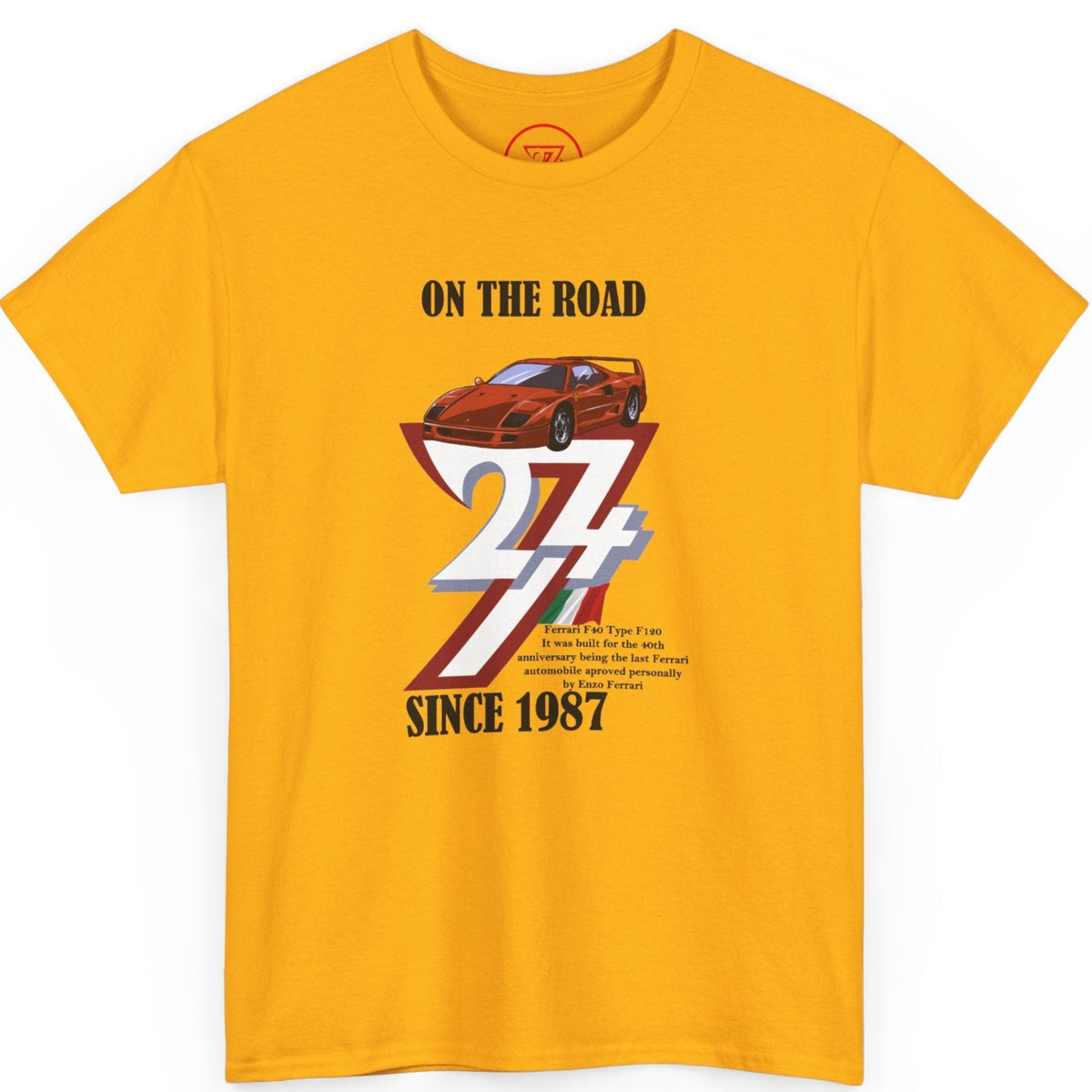 Front view of a vibrant gold 1987 vintage Ferrari F40 graphic tee highlighting the red car illustration.