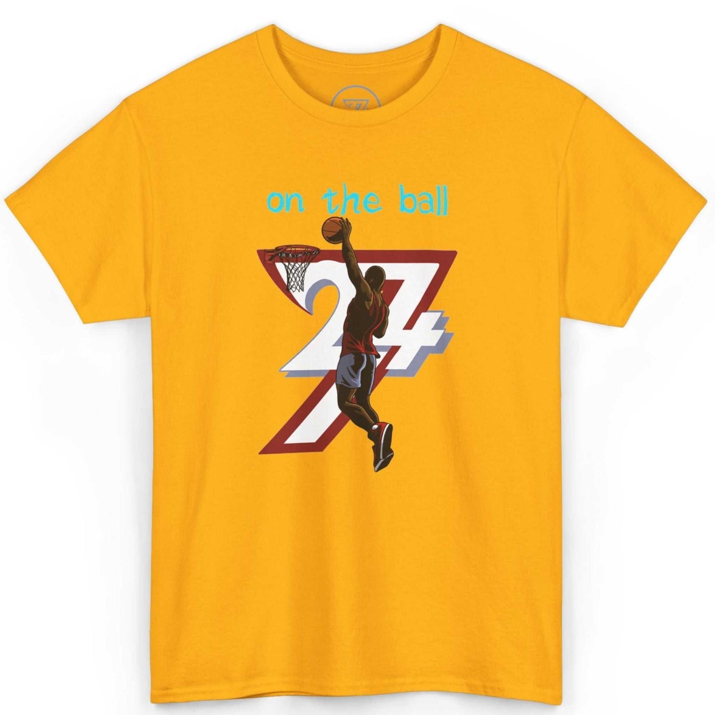 Front view of a vibrant gold 90s comic-style basketball tee featuring the digitally hand-drawn graphic, laid flat on a clean background.