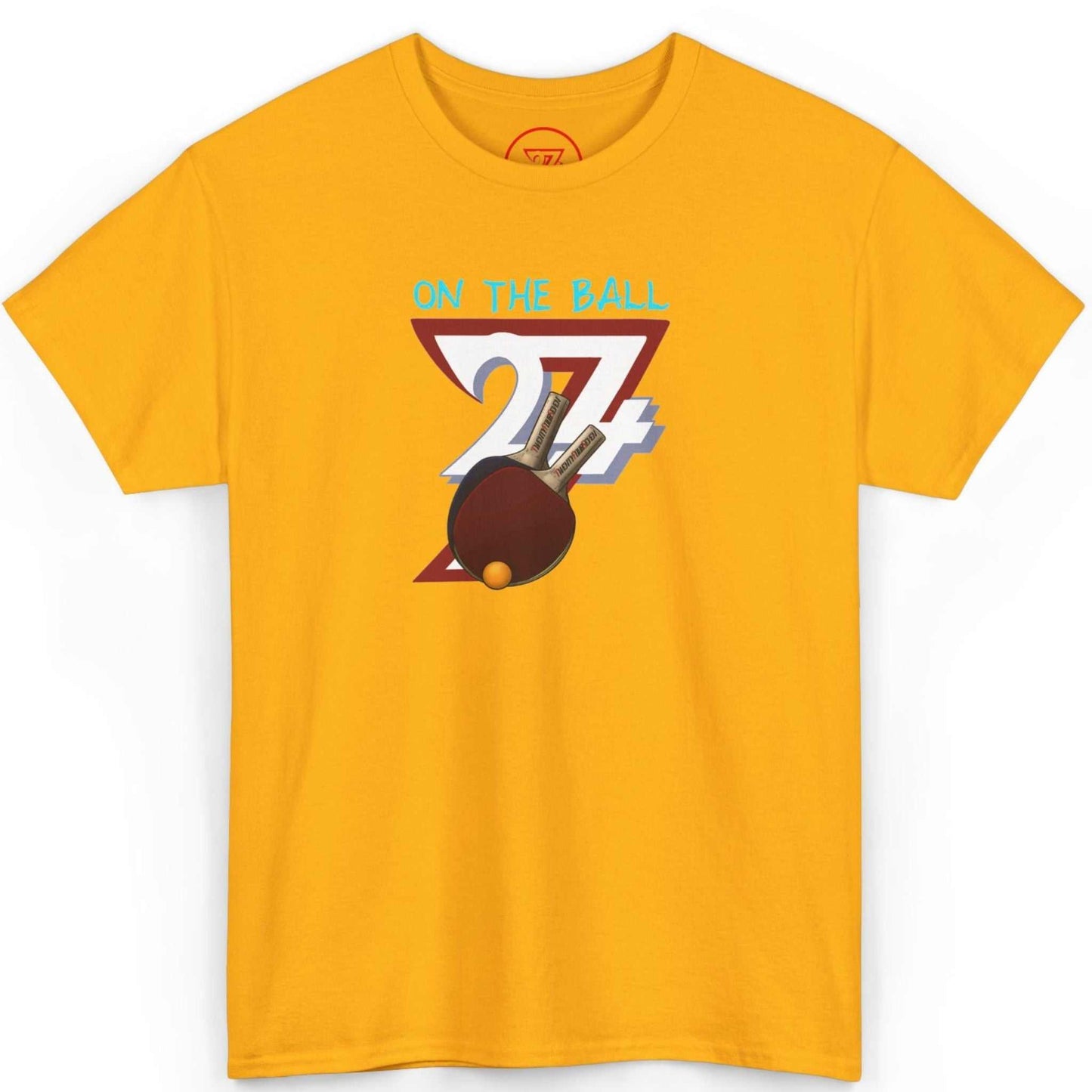 Front view of a vibrant gold 90s table tennis graphic tee featuring the On The Ball design, displayed on a clean background.