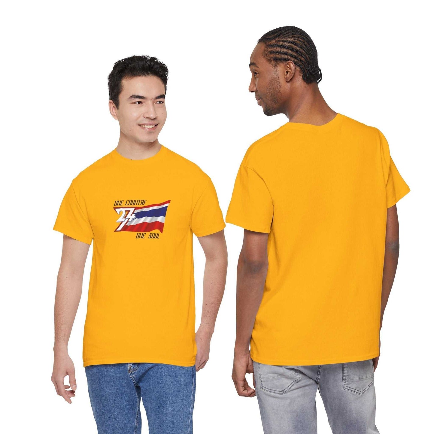 Unisex yellow Thailand Flag T-Shirt with hand-drawn Thong Trairong graphic on front, soft breathable cotton tee