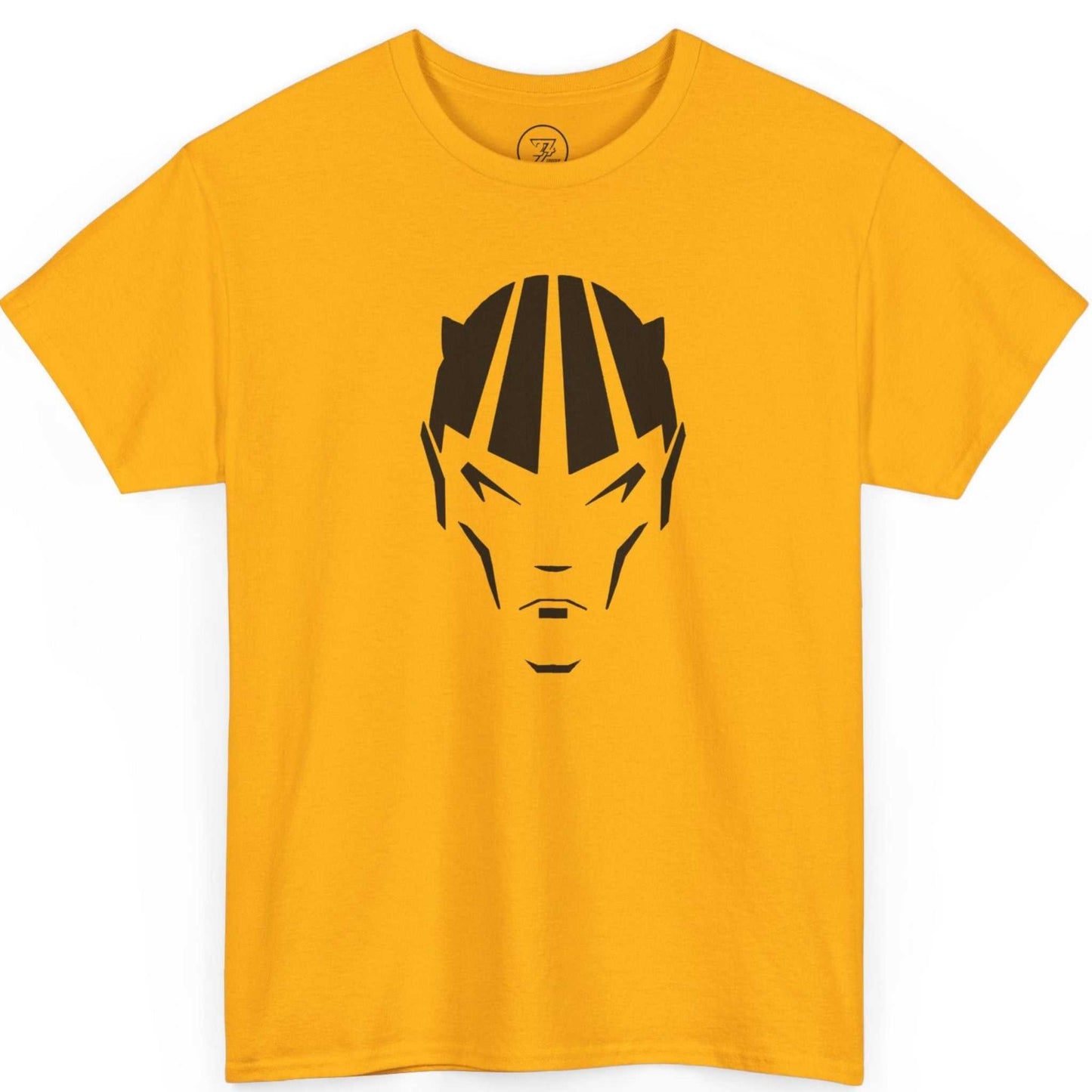 Solid gold action illustration graphic shirt displaying an original indie graphic novel logo.