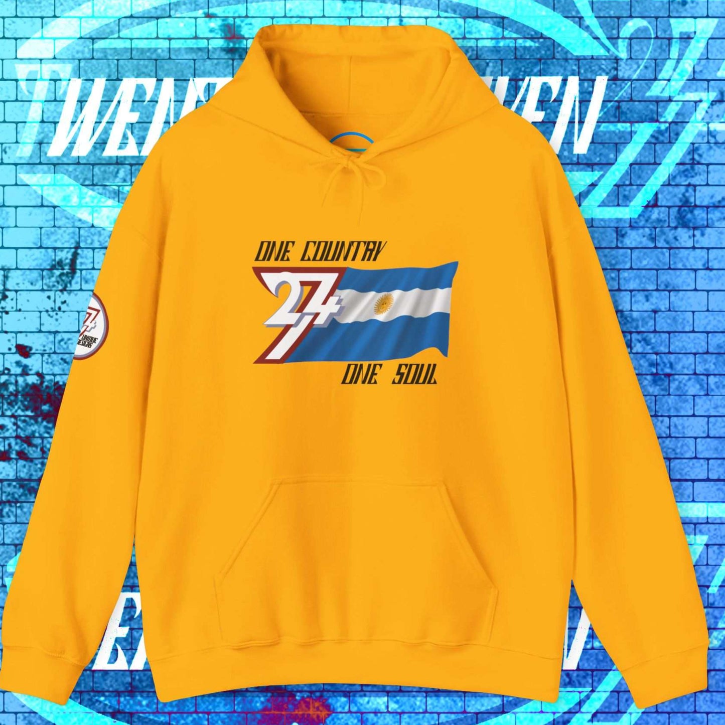 Luxury Gold Argentina hoodie featuring the hand-drawn national symbol and passion motto.
