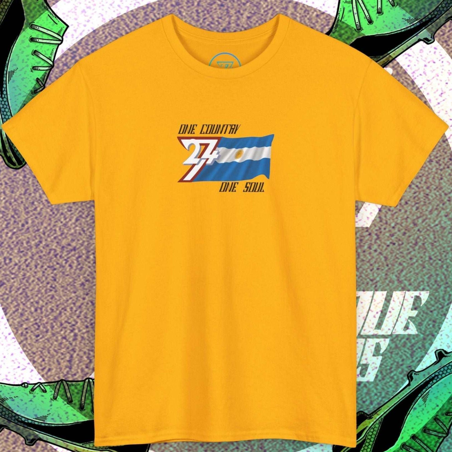 Premium Gold Argentina flag graphic tee showing the refined hand-drawn design.