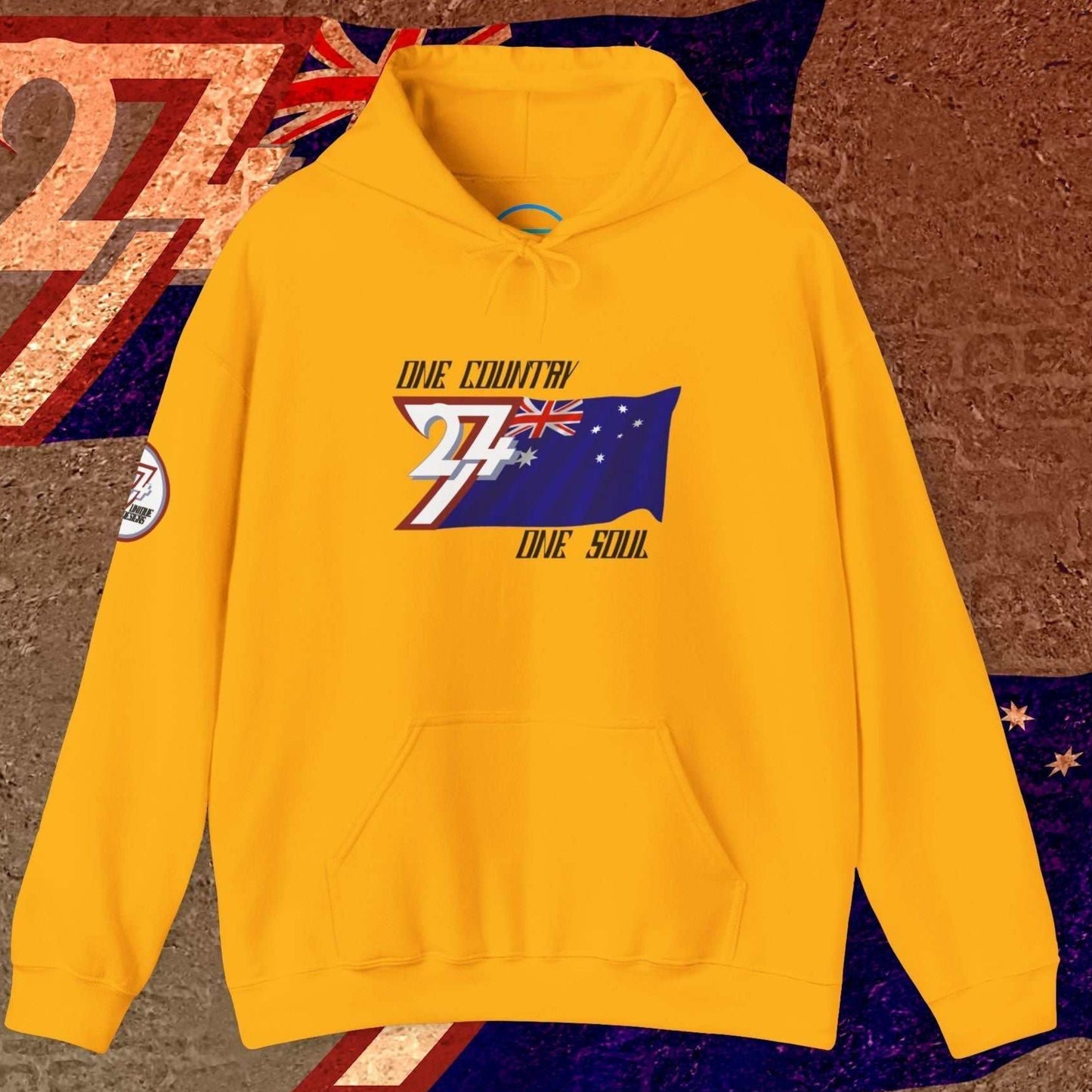 Luxury Gold Australia hoodie featuring the hand-drawn national symbol and passion motto.