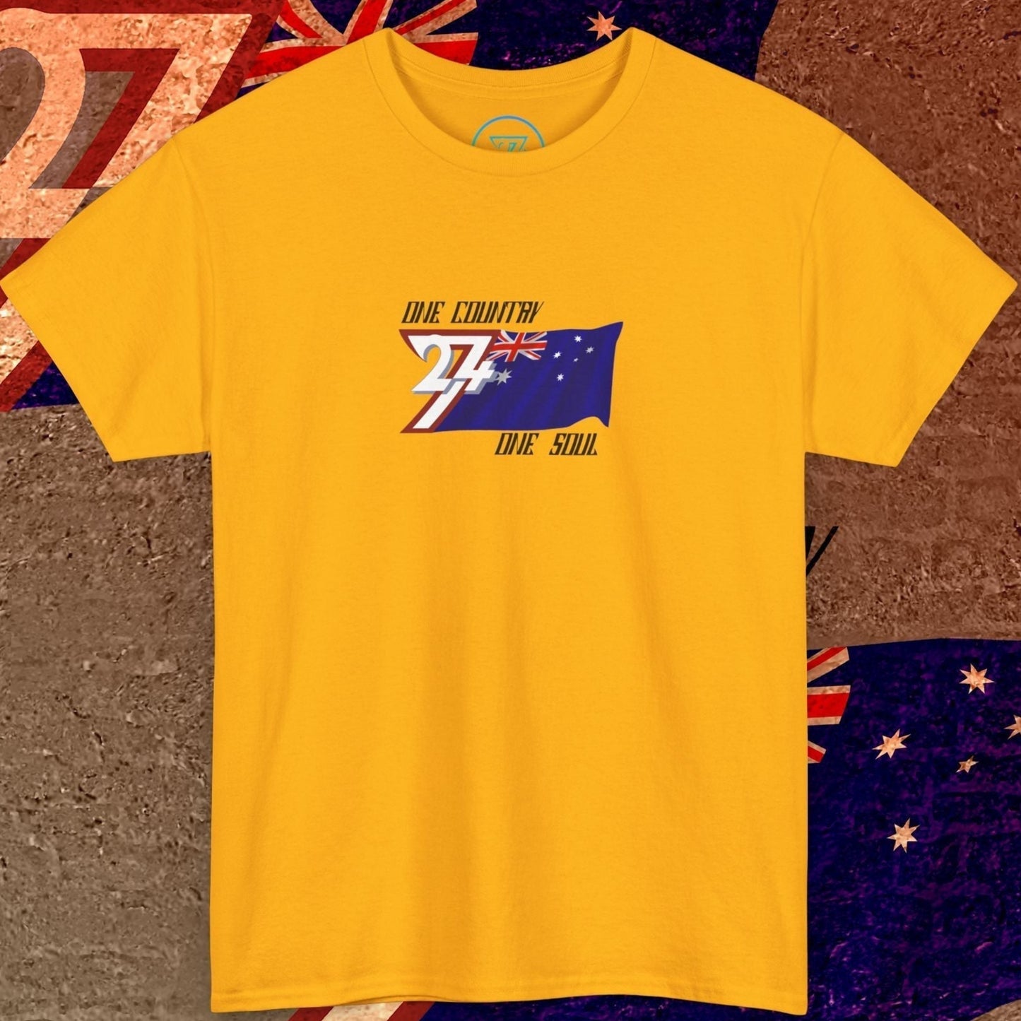 Premium Gold Australia flag graphic tee showing the refined hand-drawn design.