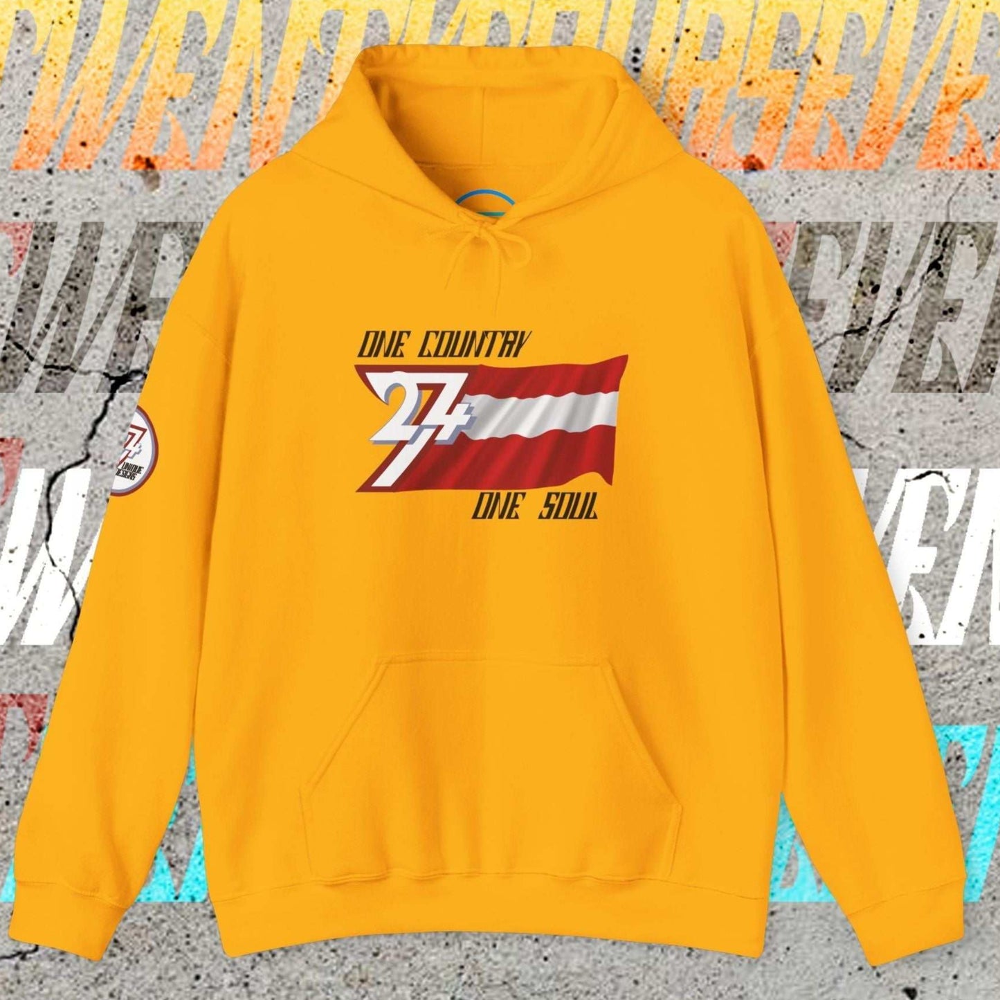 Luxury Gold Austria hoodie featuring the hand-drawn national symbol and passion motto.