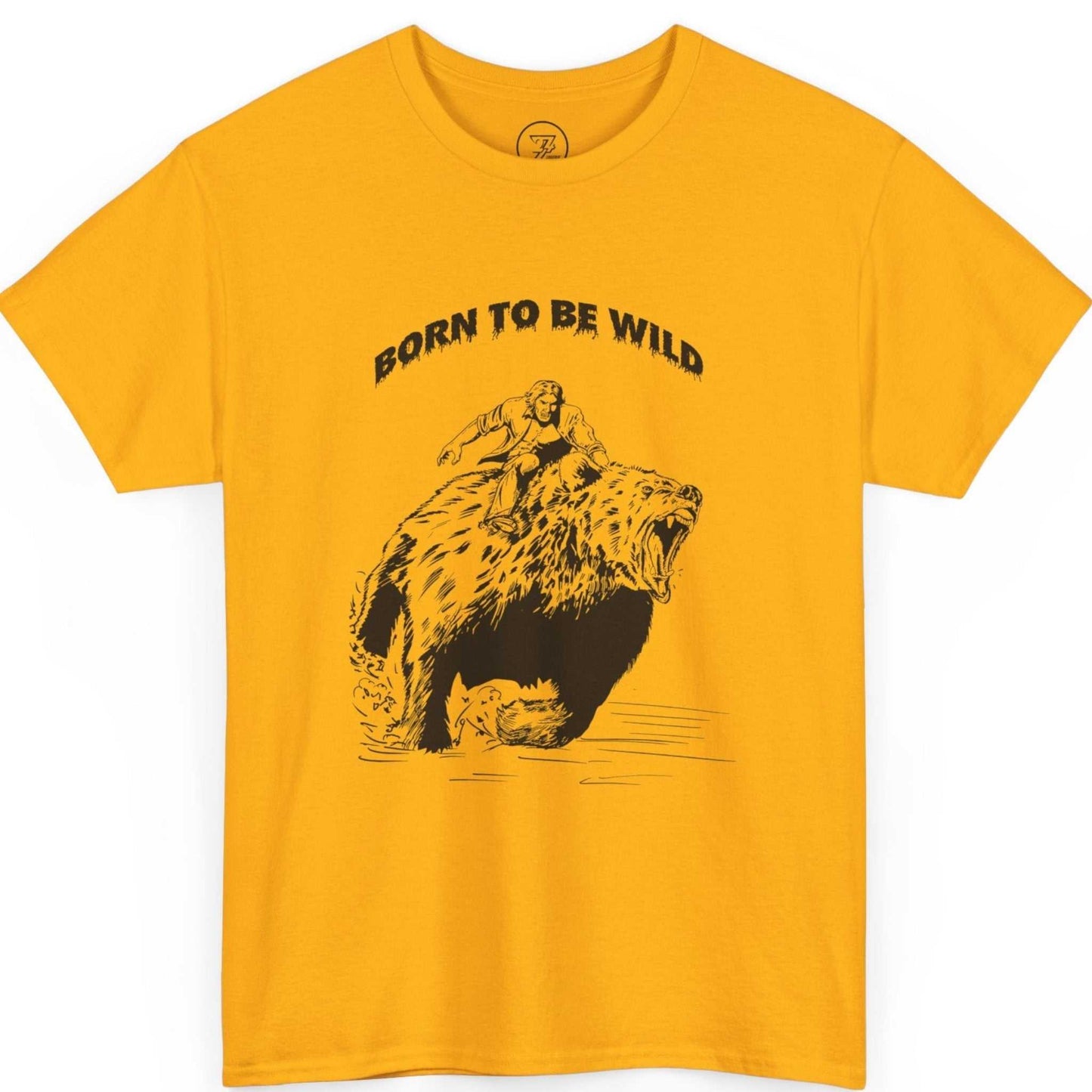 Front view of a gold bear comic t-shirt for wildlife enthusiasts.