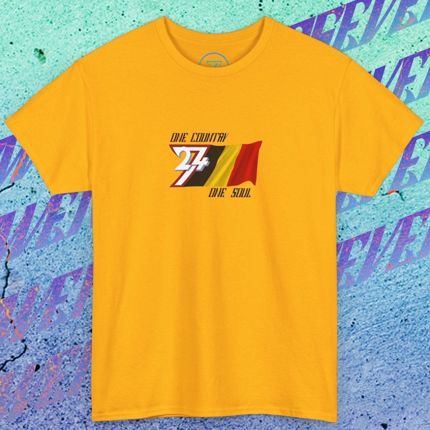 Premium Gold Belgium flag graphic tee showing the refined hand-drawn design.