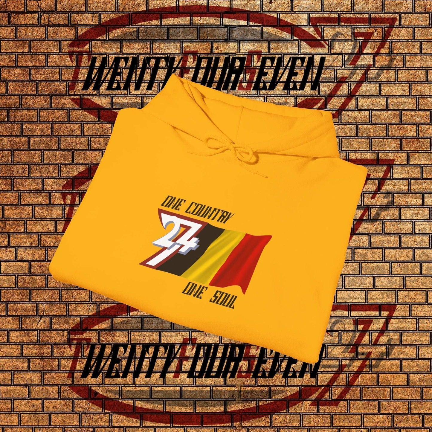 Professionally folded Belgium hoodie in Gold, showcasing the thickness of the premium 8oz fleece.