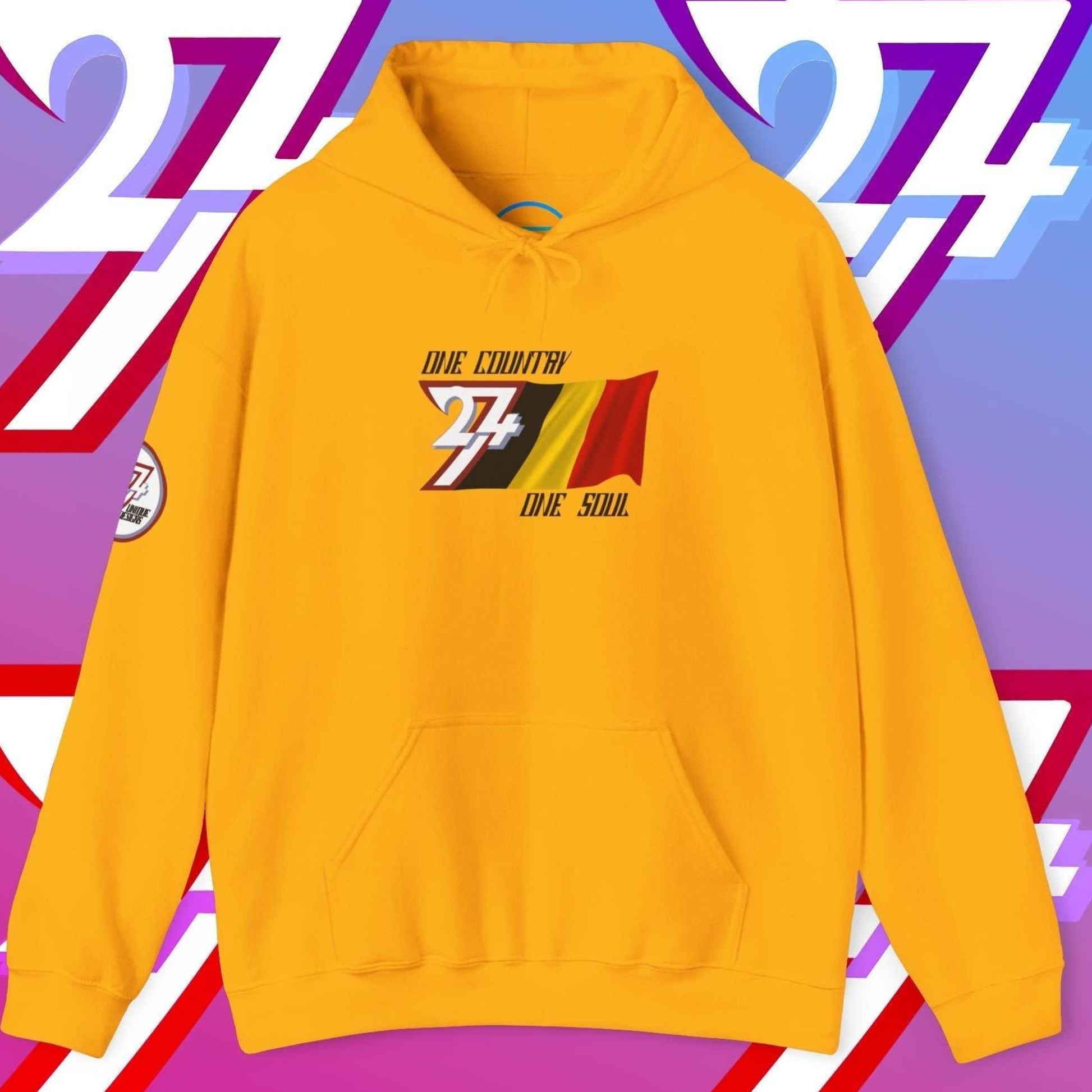 Luxury Gold Belgium hoodie featuring the hand-drawn national symbol and passion motto.
