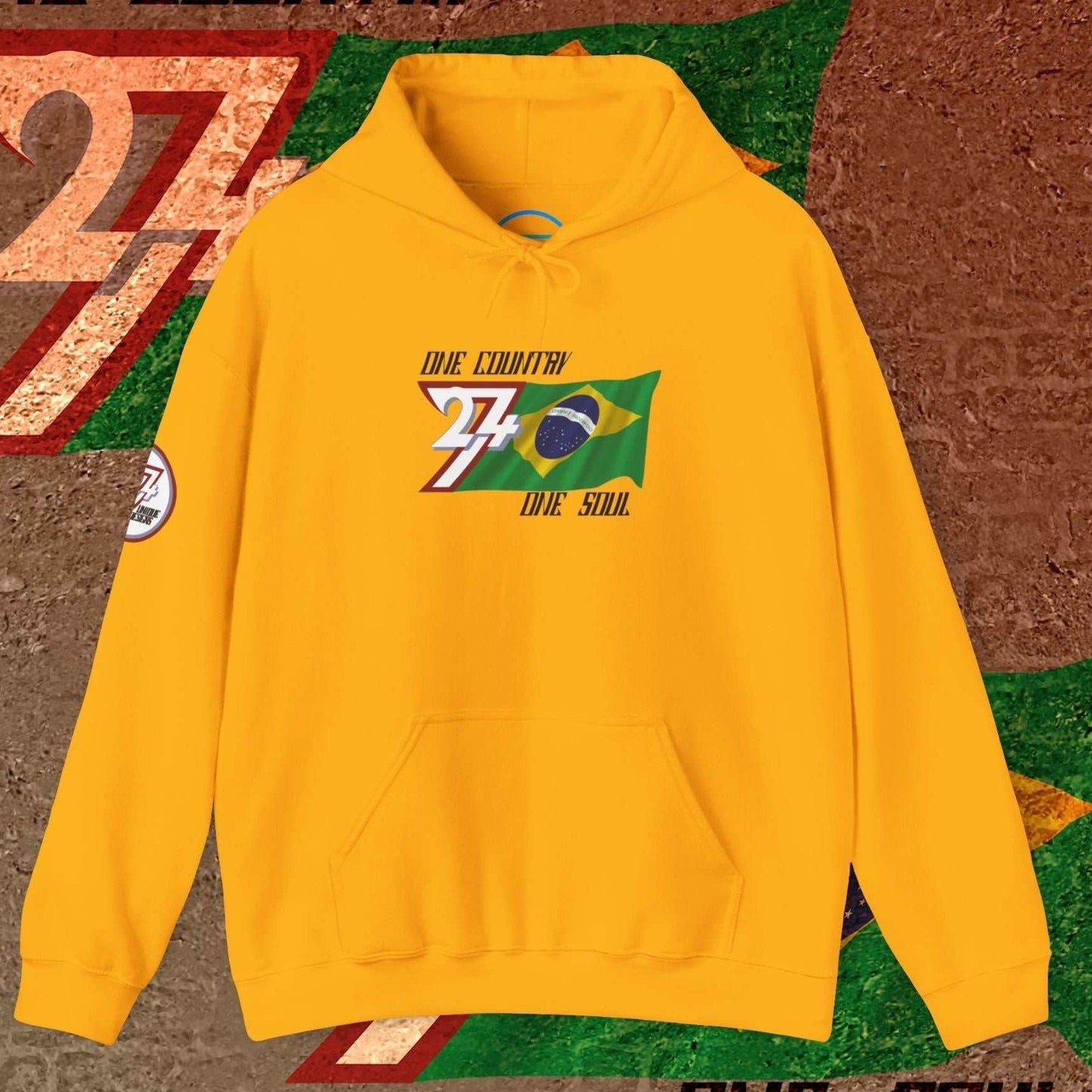 Front view of the Gold Brazil flag hoodie featuring the refined artist-drawn design and motto.