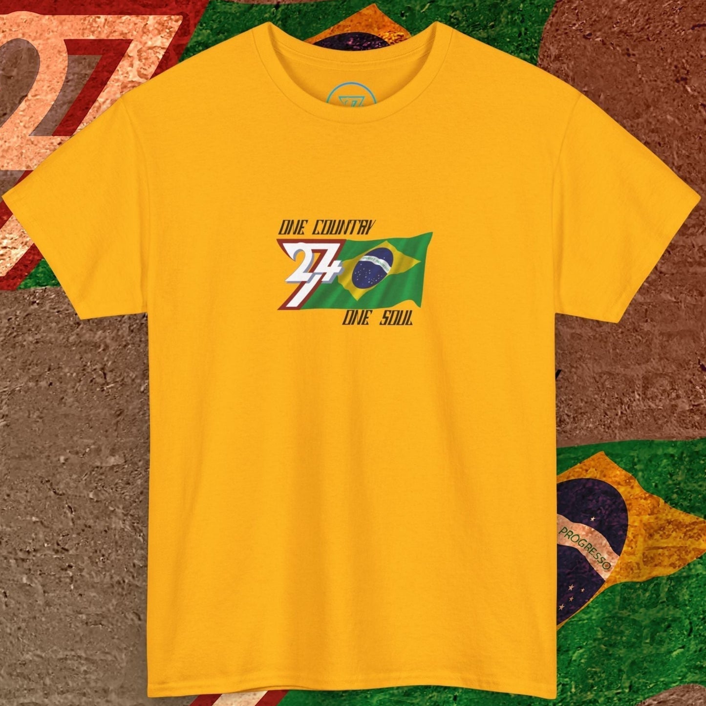 Premium Gold Brazil flag graphic tee showing the refined hand-drawn design.