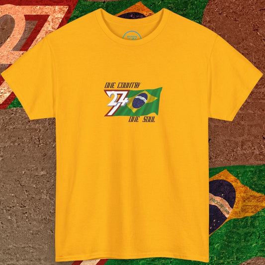 Premium Gold Brazil flag graphic tee showing the refined hand-drawn design.