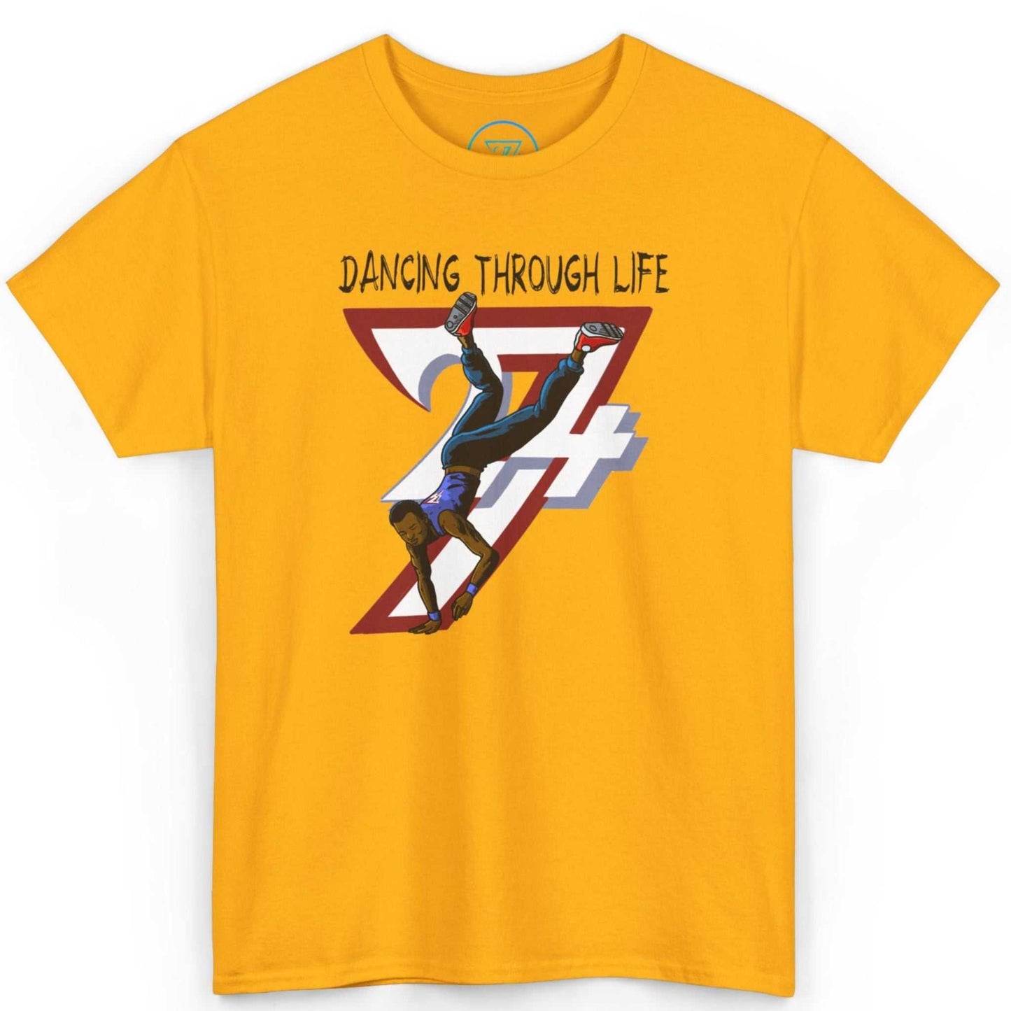 Front view of a vibrant gold breakdance clothing tee showcasing the retro 24/7 hip-hop graphic, displayed on a clean background.