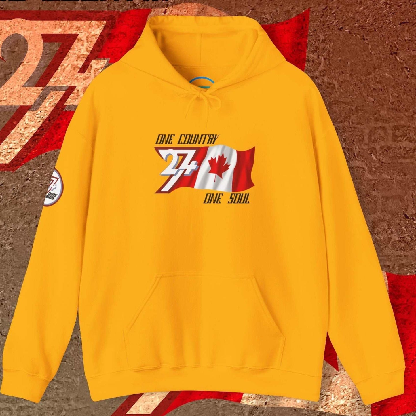 Luxury Gold Canada hoodie featuring the hand-drawn national symbol and passion motto.