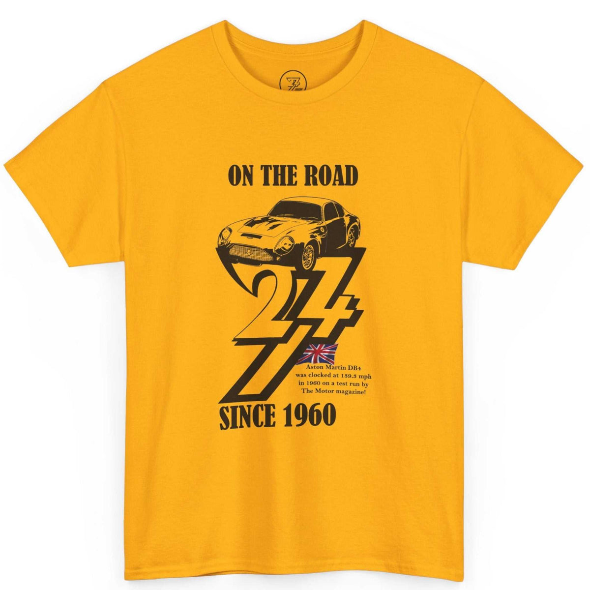 Front view of a rich gold car enthusiast gifts tee showcasing the detailed vintage racing car graphic, displayed on a clean background.