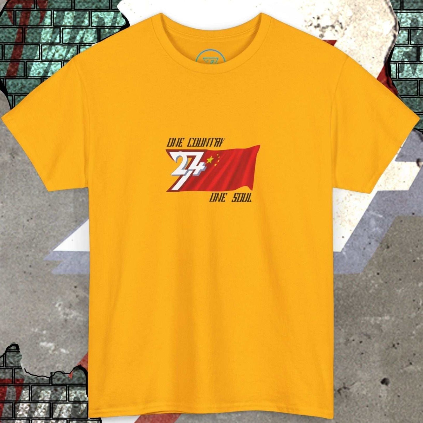 Premium Gold China flag graphic tee showing the refined hand-drawn design.