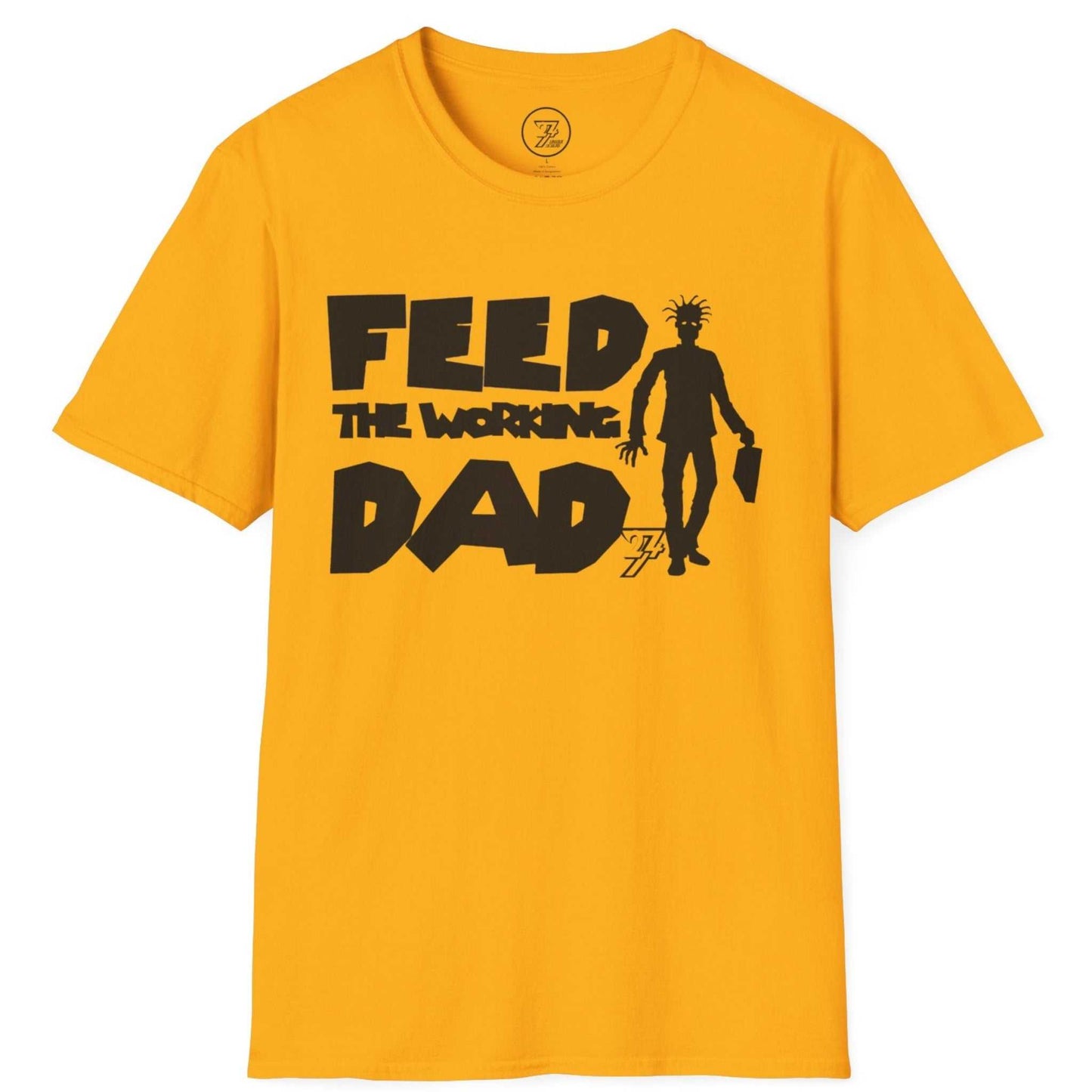 Gold Christmas present for dad apparel highlighting the custom-sketched black office worker illustration, laid flat.
