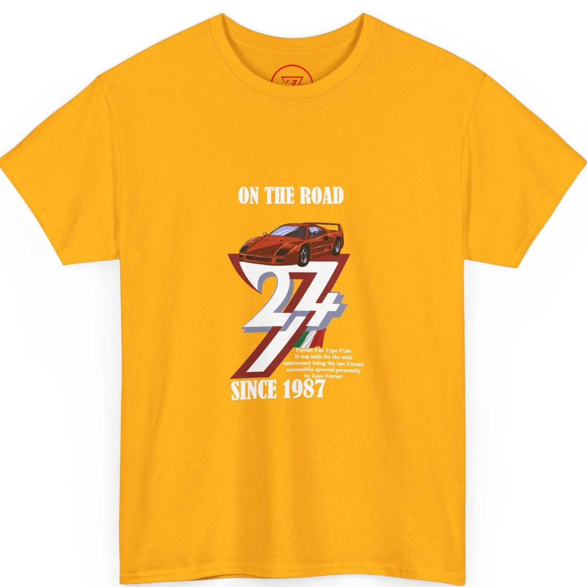Front view of a rich gold classic supercar graphic tee featuring the classic car illustration and white typography, laid flat.