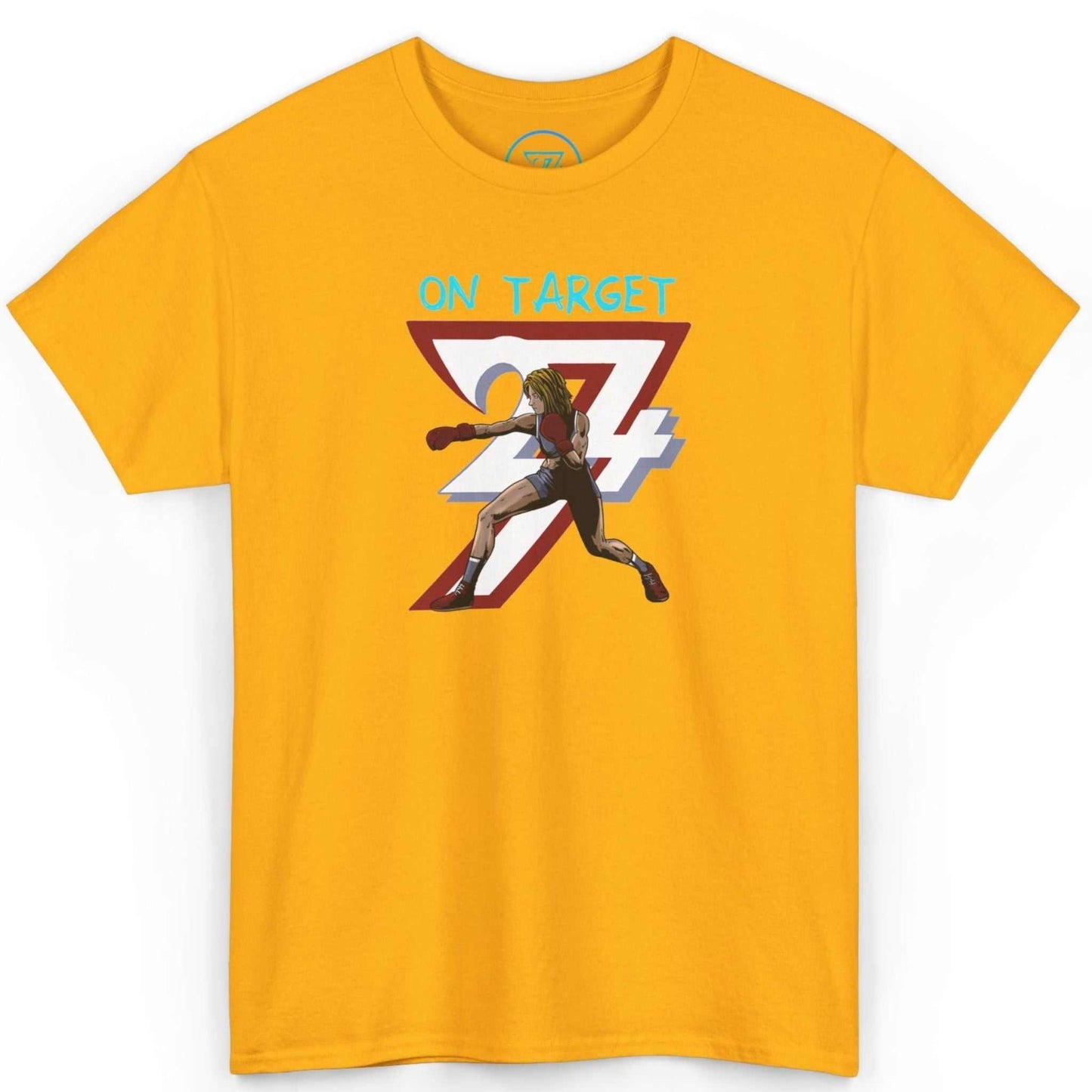 Front view of a vibrant gold combat sports apparel tee highlighting the vintage boxing design, displayed on a clean background.