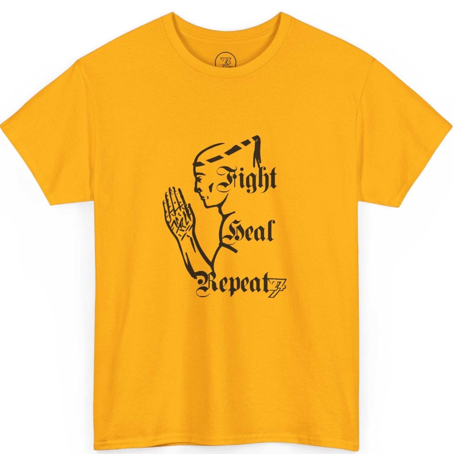 Front view of a bold gold combat sports shirt displaying the black ink Thai boxing illustration, laid flat.