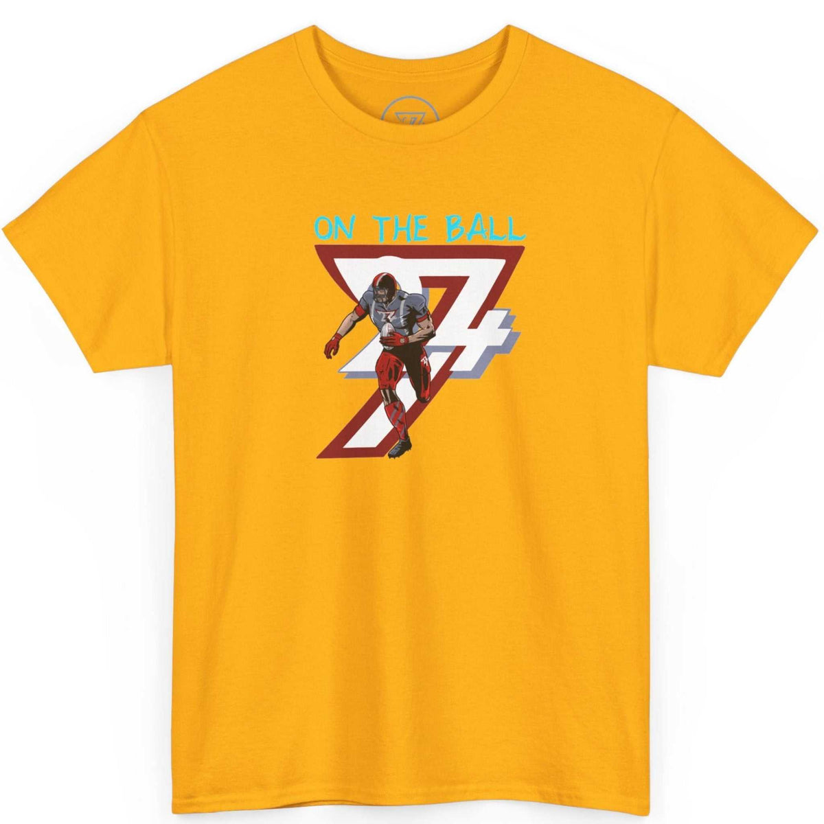 Front view of a vibrant gold comic-style American football graphic tee featuring the digitally hand-drawn On the Ball art, displayed on a clean background.