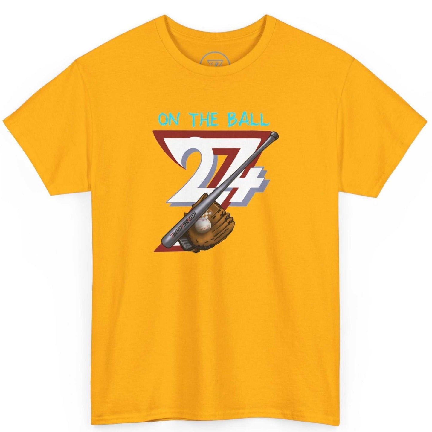 Front view of a vibrant gold comic style baseball graphic tee featuring the digitally hand-drawn On the Ball art, displayed on a clean background.