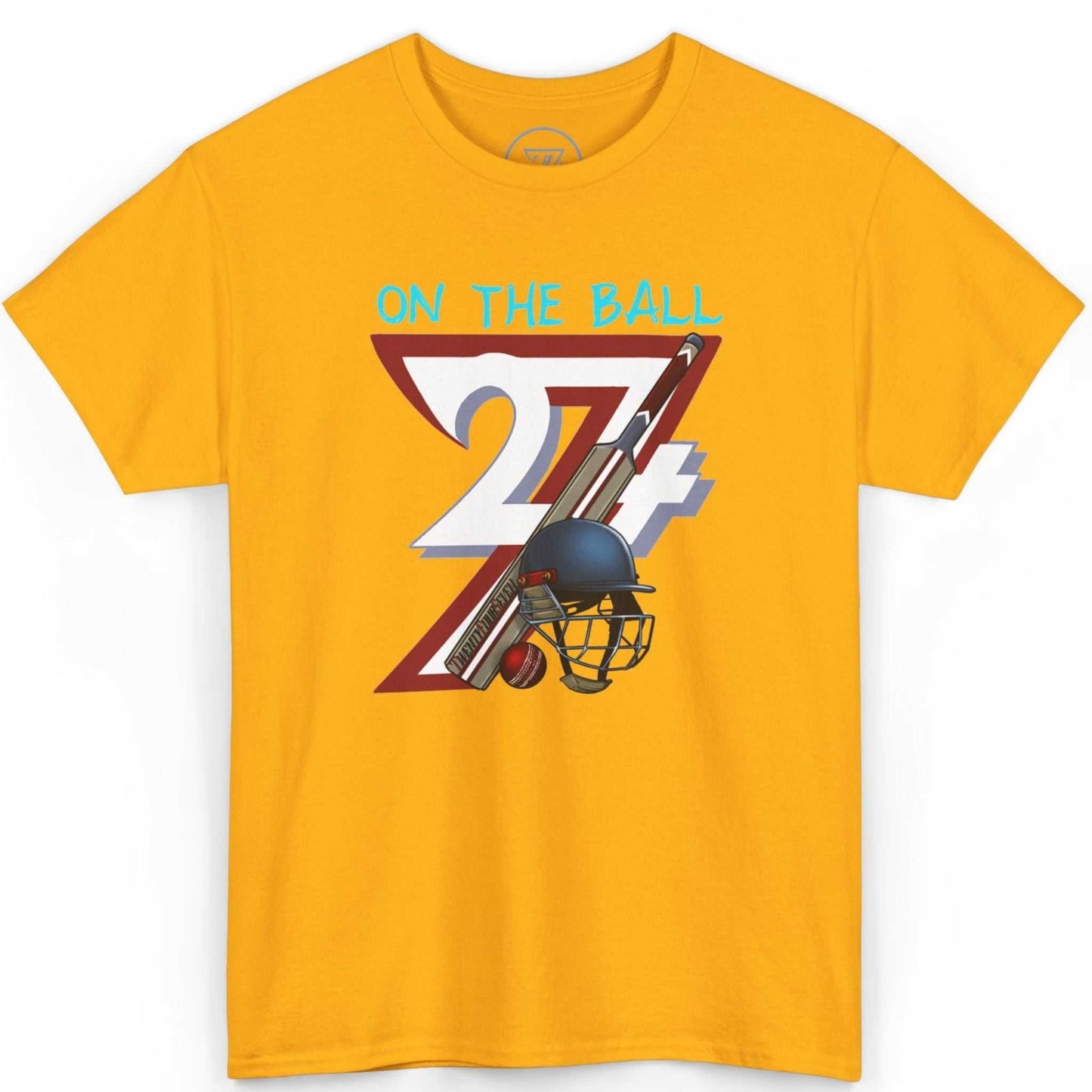 Front view of a vibrant gold cricket fan gift tee showcasing the crisp digital illustration, laid flat on a clean background.