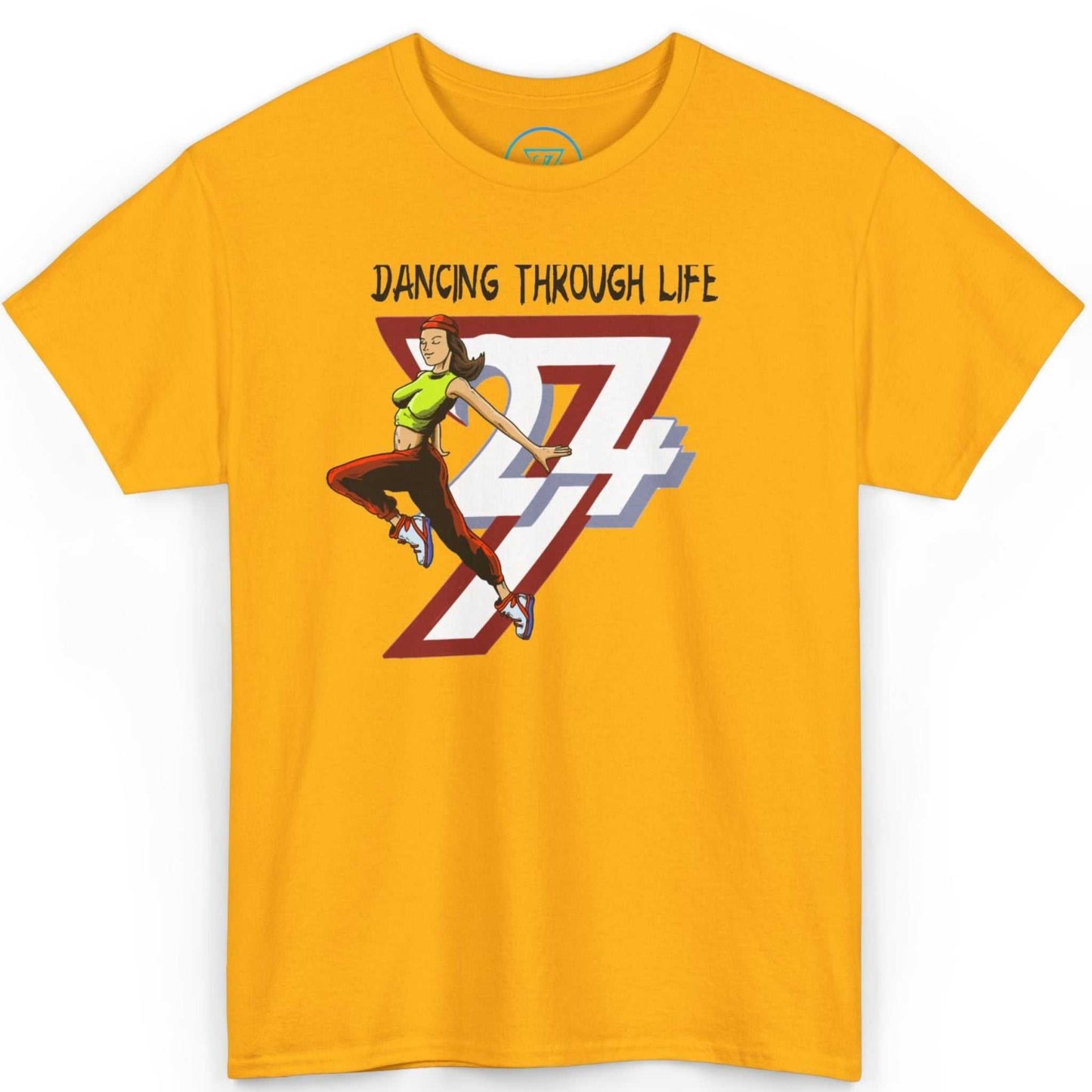 Front view of a vibrant gold cypher session apparel shirt highlighting the hand-drawn street dance art, displayed on a clean background.