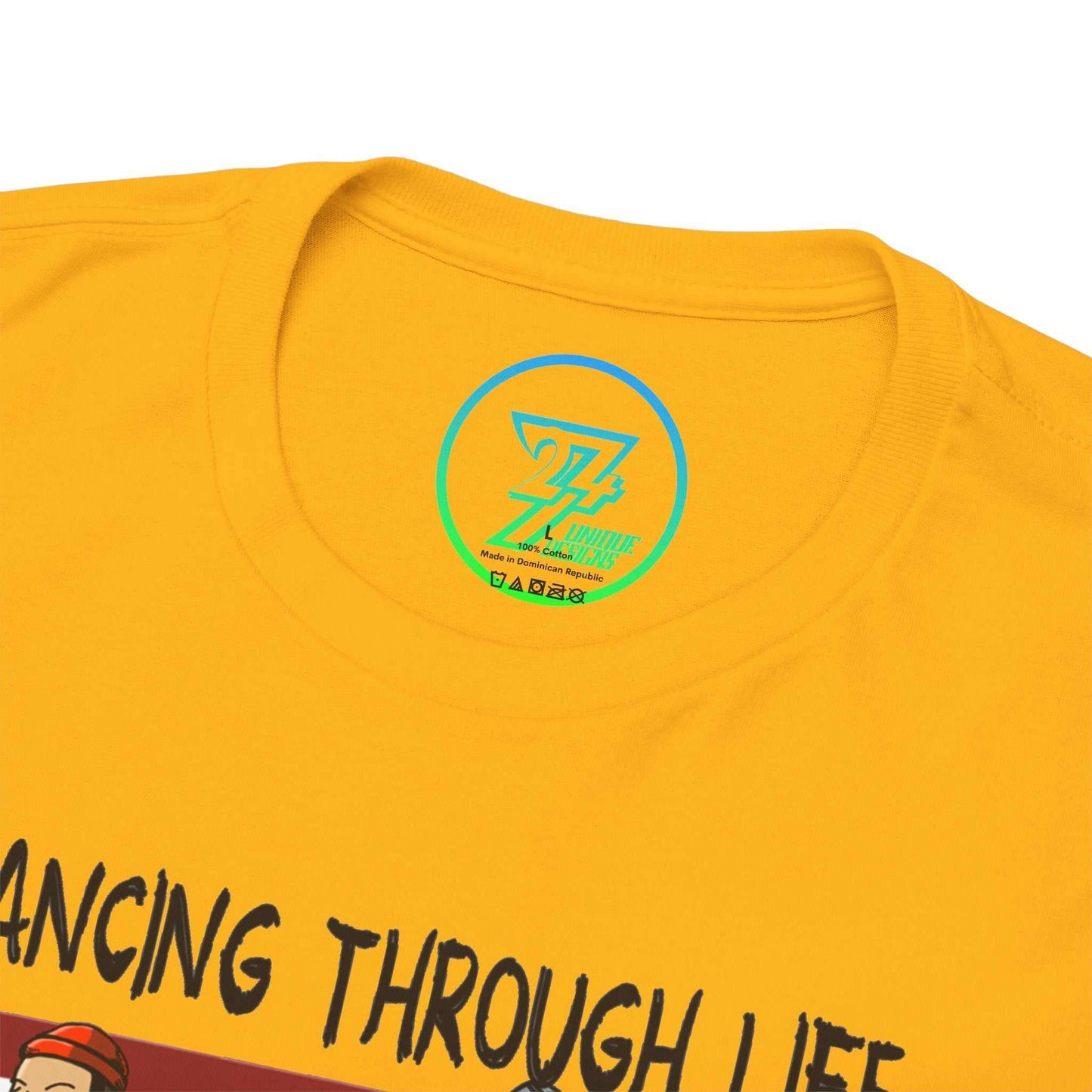 Close-up of the seamless crew neckline on the gold dance shirt, clearly showing the official 24/7 Unique Designs trademark logo inner label branding.