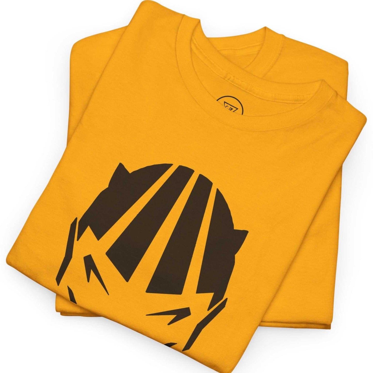 Folded presentation of the gold dark graphic novel apparel emphasizing the clean black print quality.