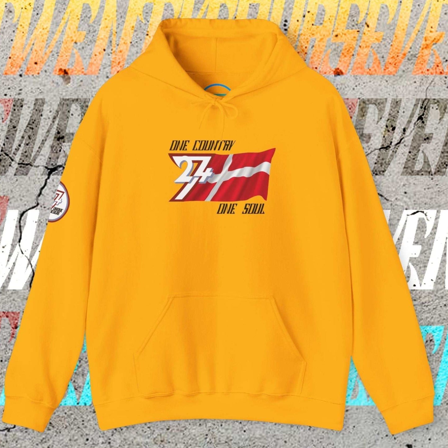 Luxury Gold Danmark hoodie featuring the hand-drawn national symbol and passion motto.