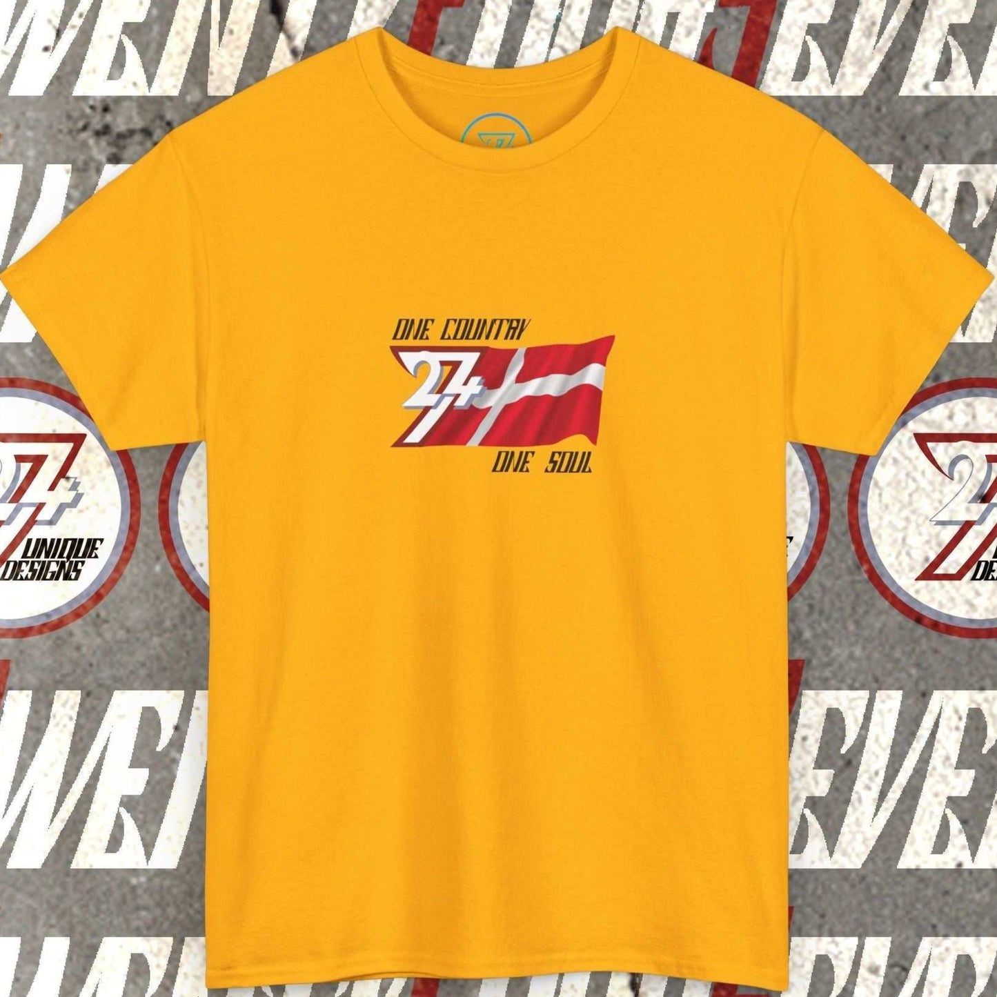 Premium Gold Denmark flag graphic tee showing the refined hand-drawn design.