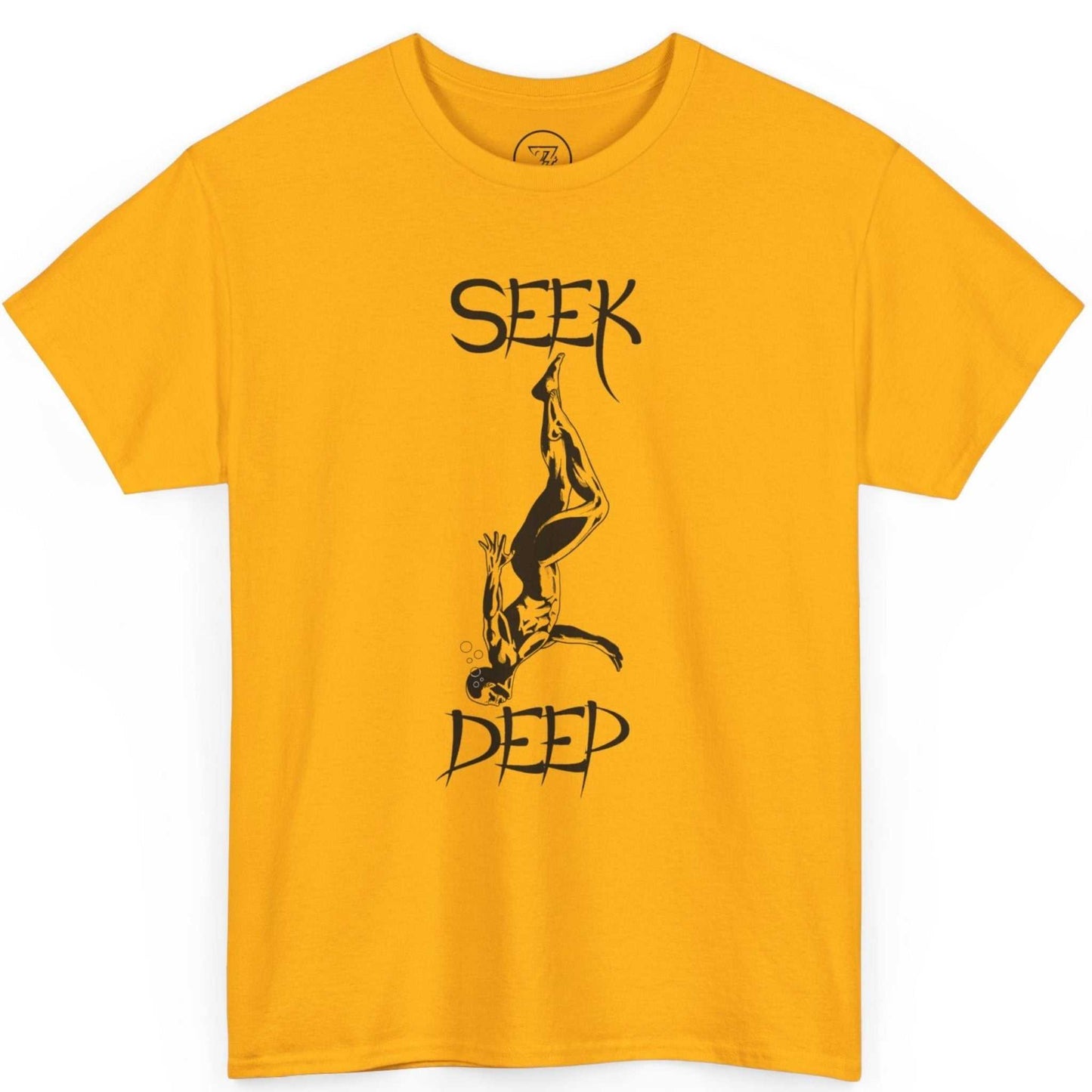 Gold diving tee highlighting the high-contrast black deep sea diver graphic, laid flat.
