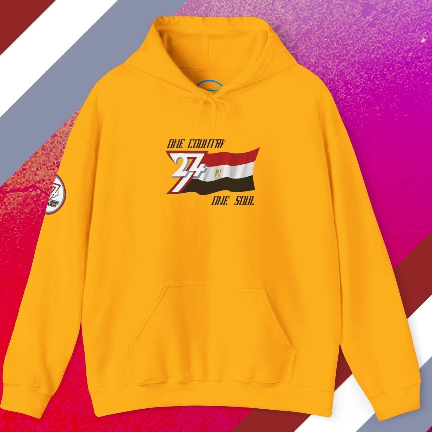 Front view of the Gold Egypt flag hoodie featuring the refined artist-drawn design and motto.