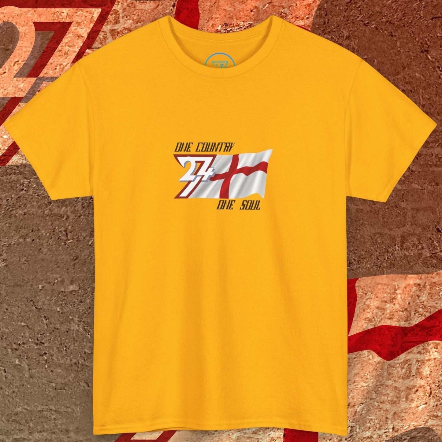 Premium Gold England flag graphic tee showing the refined hand-drawn design and "One Country One Soul" slogan.