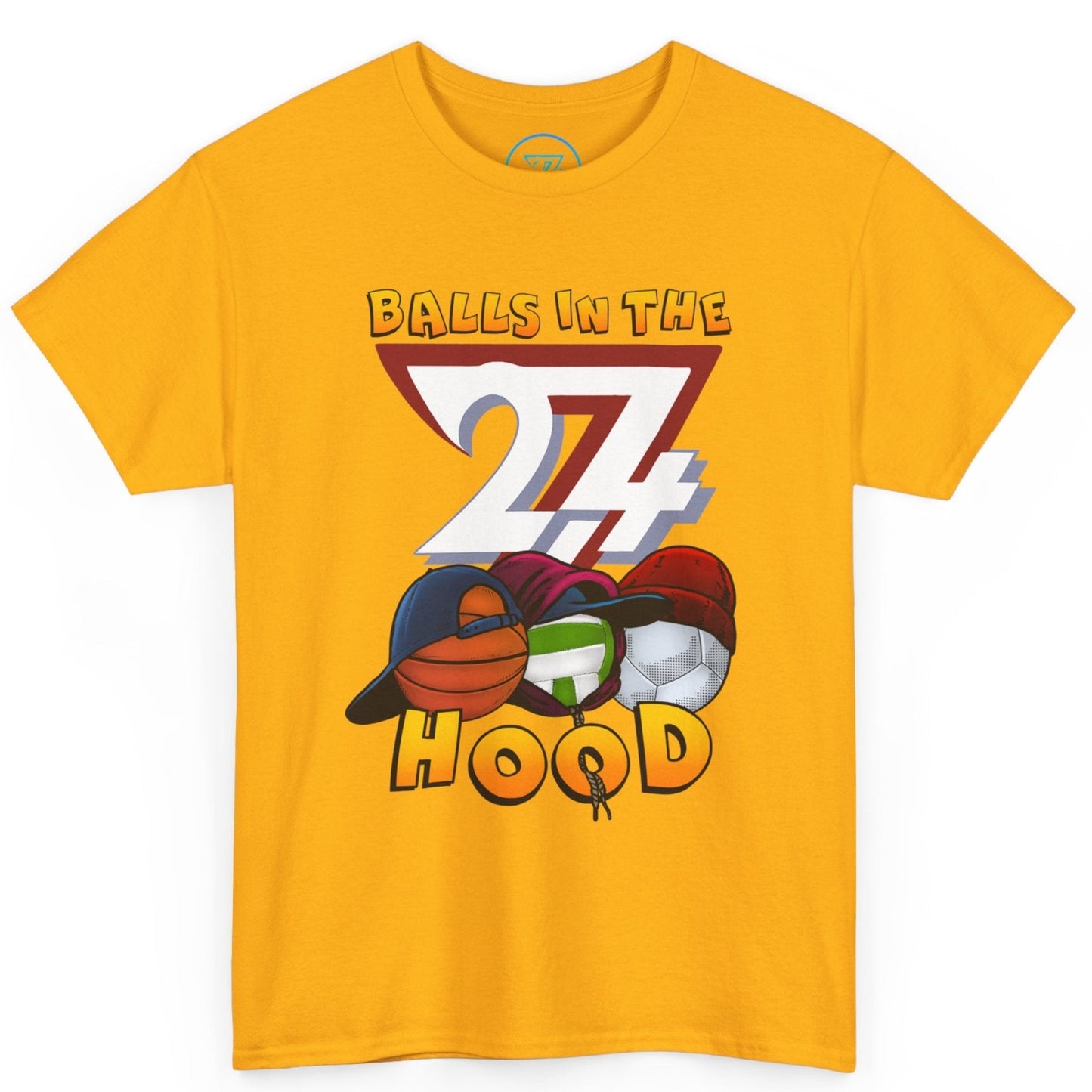 Gold colored everyday comfort tee displaying the human-drawn neighborhood masterpiece.