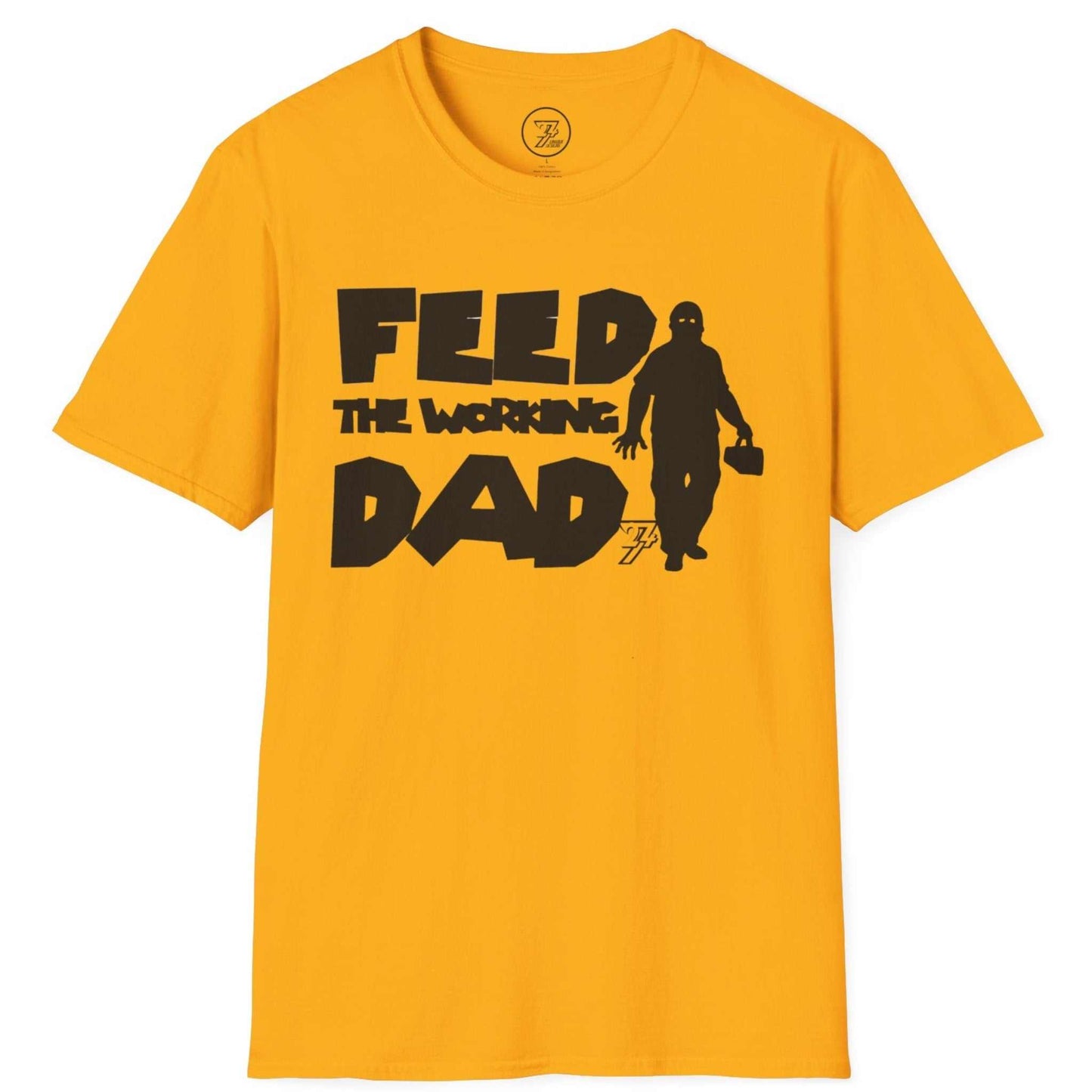 Gold funny dad humor graphic tee highlighting the black tool bucket art, displayed on a clean background.